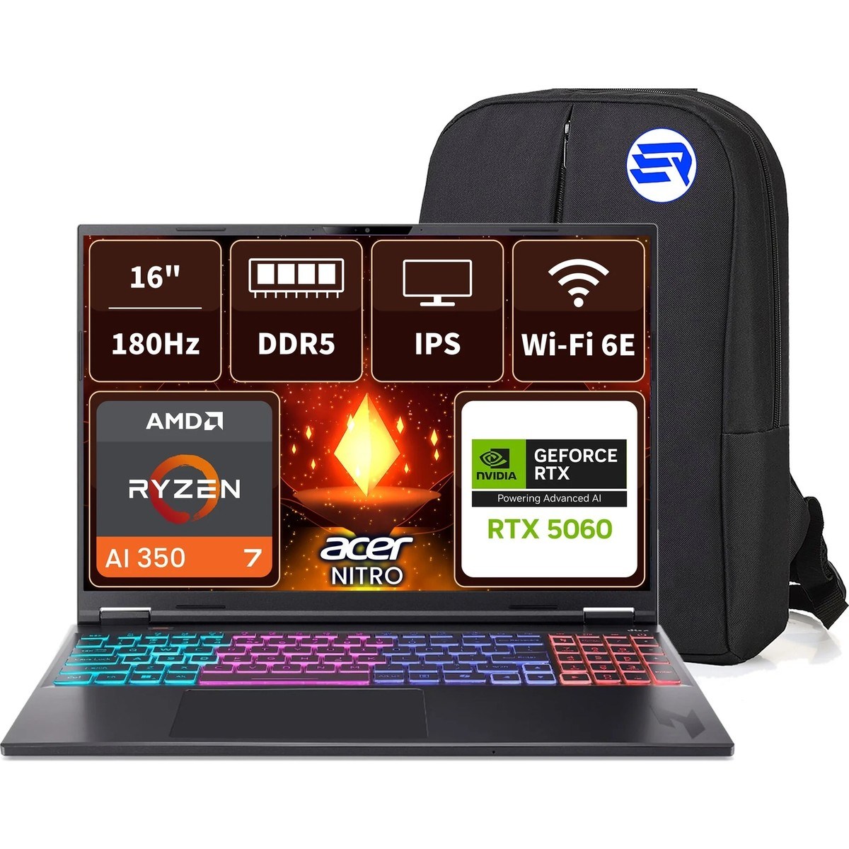 Nitro 16S AN16S-61 NH.QXJEY.002EP10 Ryzenaı7 350 RTX5060 40GBRAM 512GBSSD 16 Wqxga 180Hz Windows 11 Pro + Elektropasaj Çanta