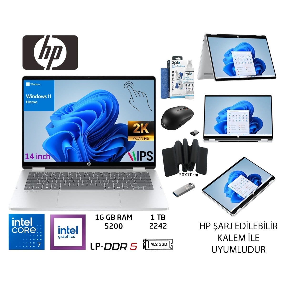 omnibook 5 Flip Intel Core 7 150U 16GB Lpddr5 5200 1tb SSD 14 Inç 2k IPS Ekran W11 Home BT0A0EA Duddi Mouse+Mousepad+Usbbellek+Temizlikkit