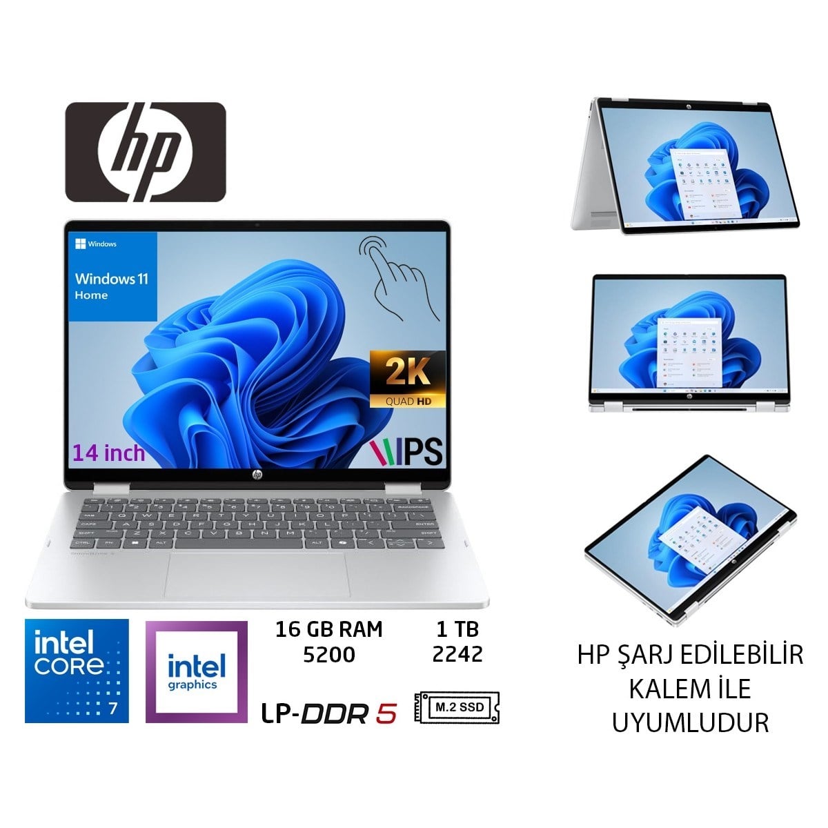 omnibook 5 Flip Intel Core 7 150U 16GB Lpddr5 5200 1tb SSD 14 Inç 2k IPS Ekran W11 Home BT0A0EA Duddi