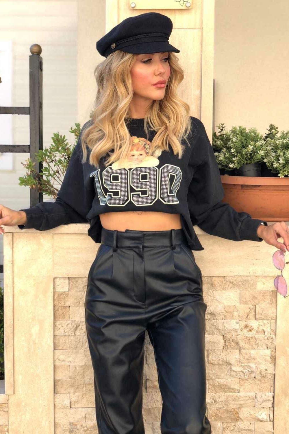Baskılı taşlı sweatshirt