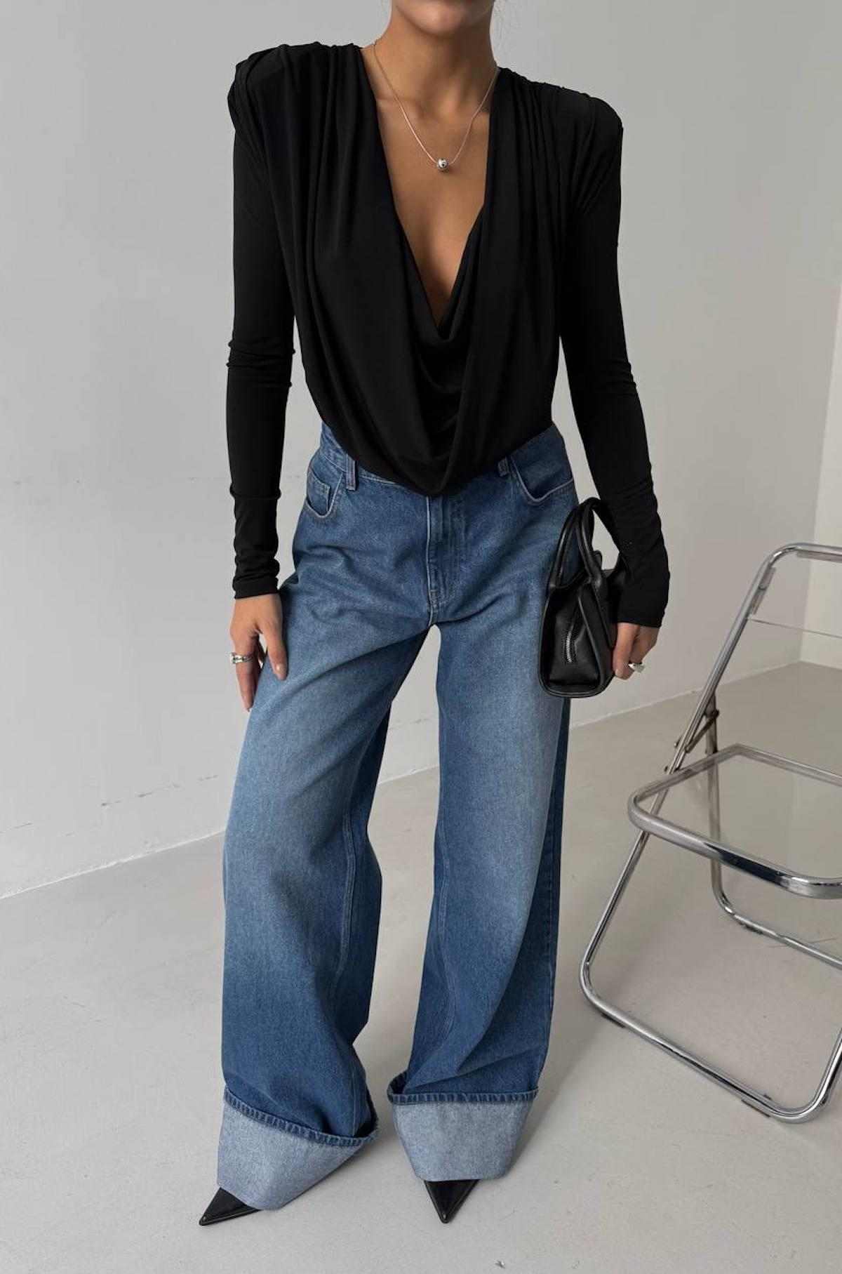Vatkalı Degaje Yaka  Bodysuit