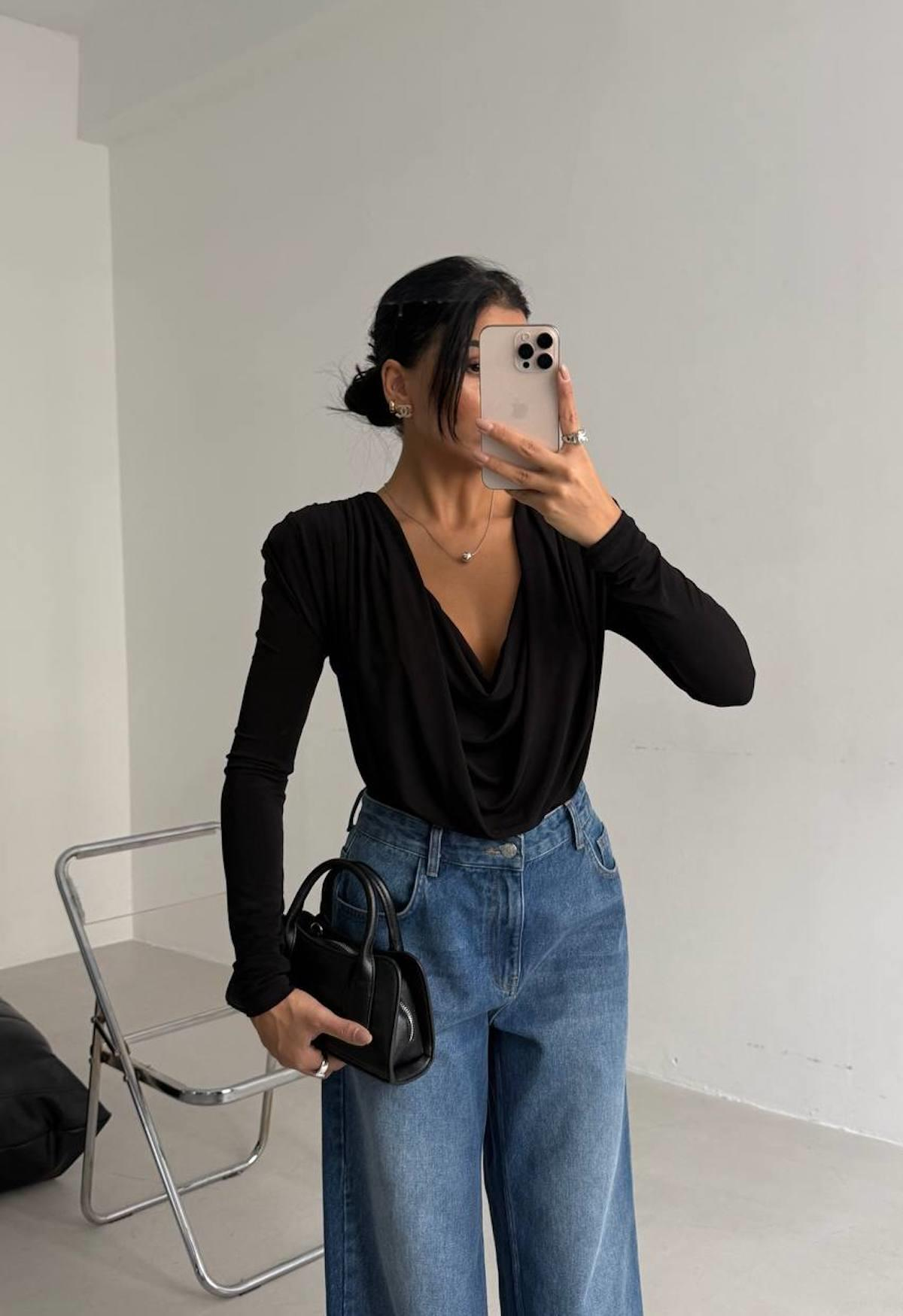 Vatkalı Degaje Yaka  Bodysuit
