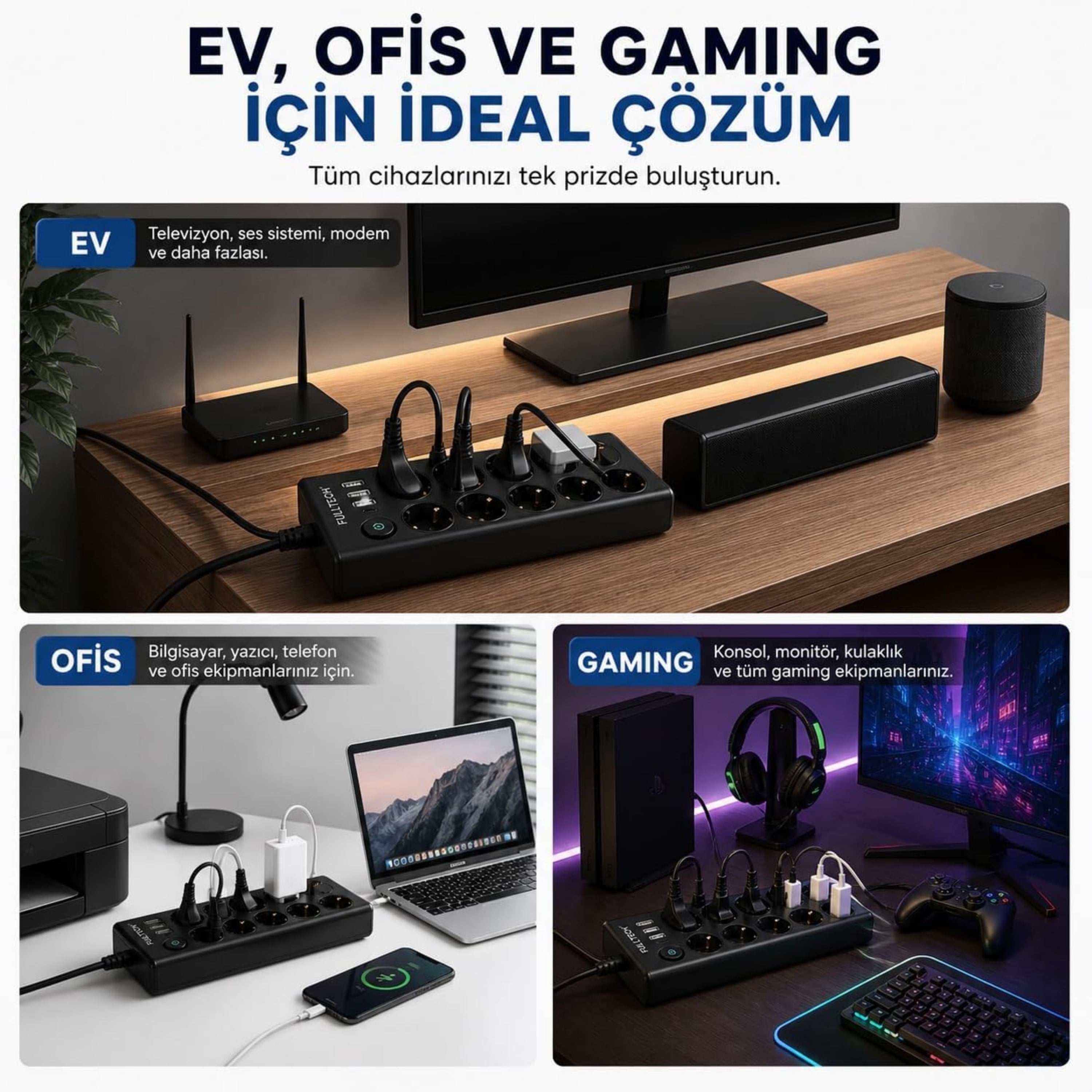 10 Lu Akım Korumalı Çoklu Priz 3 USB-A 1 USB-C Girişli Anahtarlı 3680W 16A  Aç Kapa Tuşlu 2 Metre Kablolu Priz