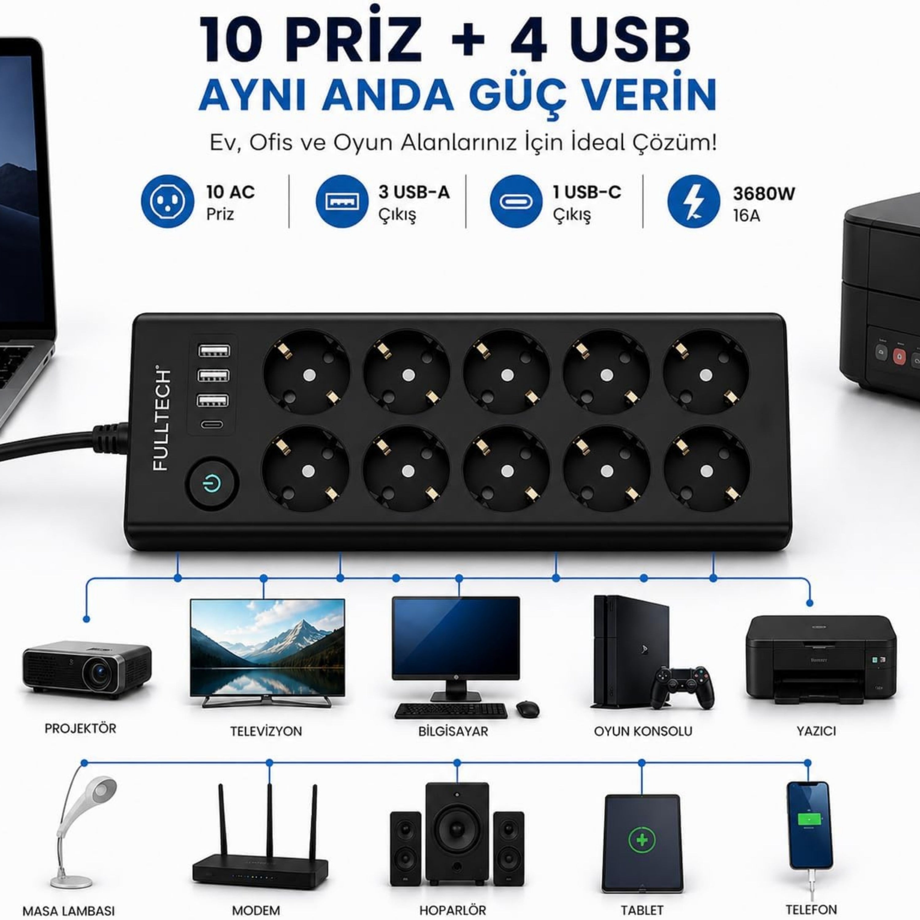 10 Lu Akım Korumalı Çoklu Priz 3 USB-A 1 USB-C Girişli Anahtarlı 3680W 16A  Aç Kapa Tuşlu 2 Metre Kablolu Priz