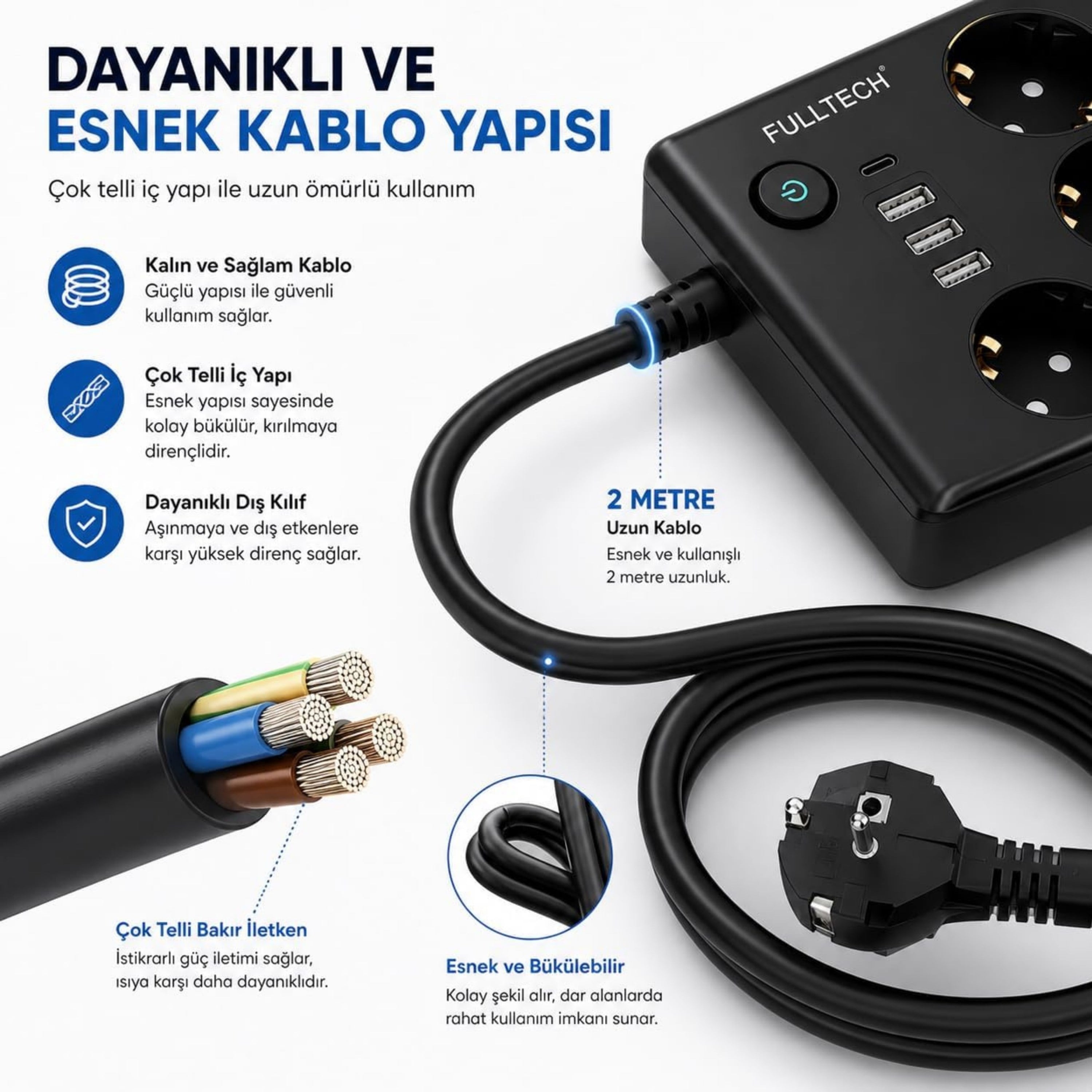 10 Lu Akım Korumalı Çoklu Priz 3 USB-A 1 USB-C Girişli Anahtarlı 3680W 16A  Aç Kapa Tuşlu 2 Metre Kablolu Priz