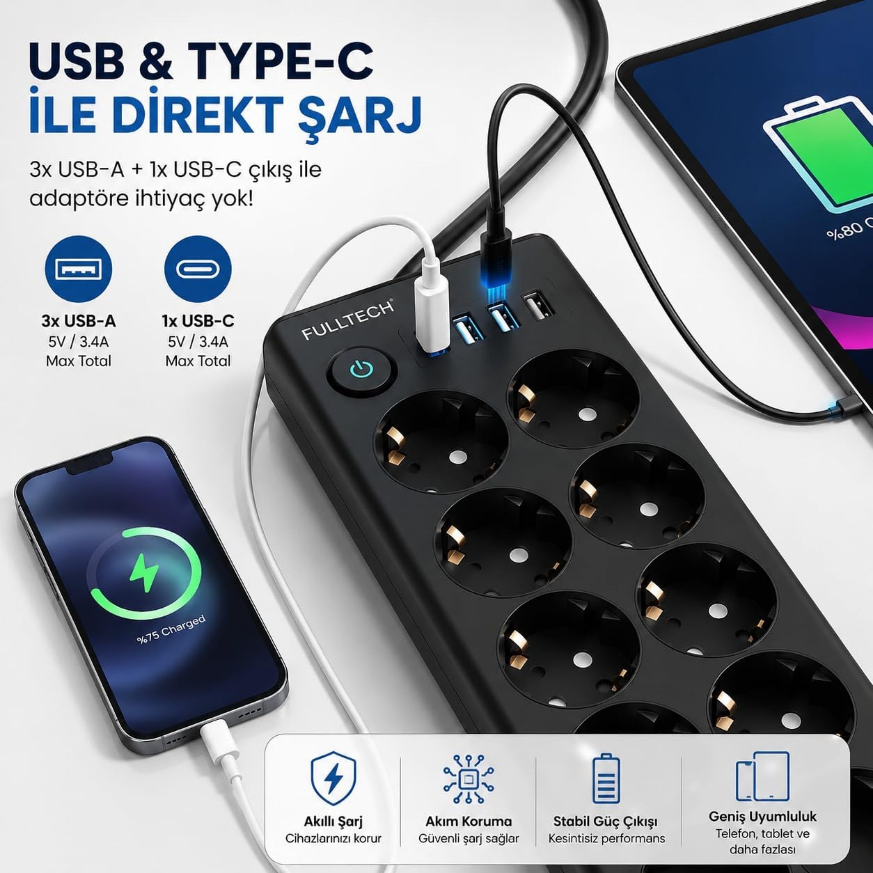 10 Lu Akım Korumalı Çoklu Priz 3 USB-A 1 USB-C Girişli Anahtarlı 3680W 16A  Aç Kapa Tuşlu 2 Metre Kablolu Priz