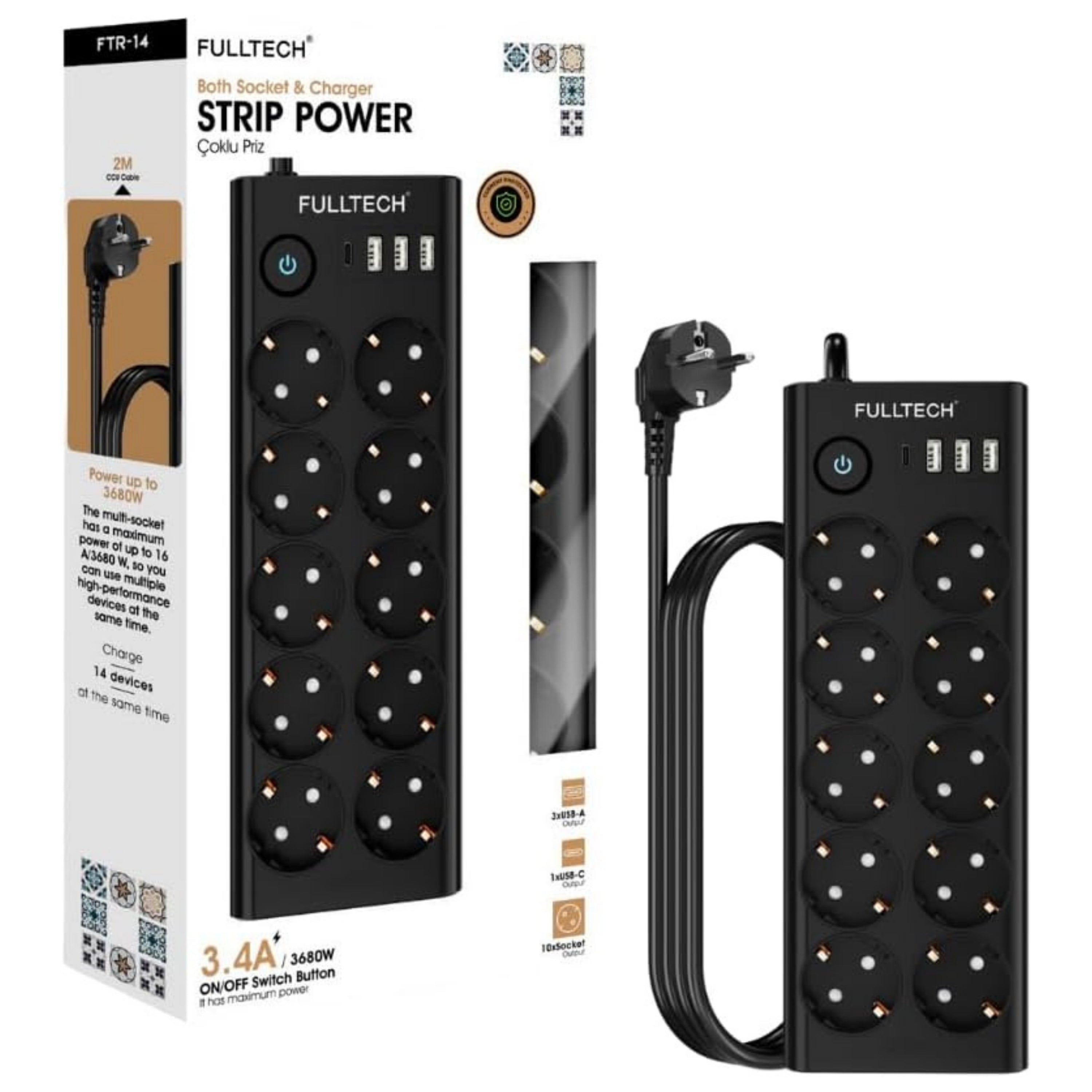 10 Lu Akım Korumalı Çoklu Priz 3 USB-A 1 USB-C Girişli Anahtarlı 3680W 16A  Aç Kapa Tuşlu 2 Metre Kablolu Priz