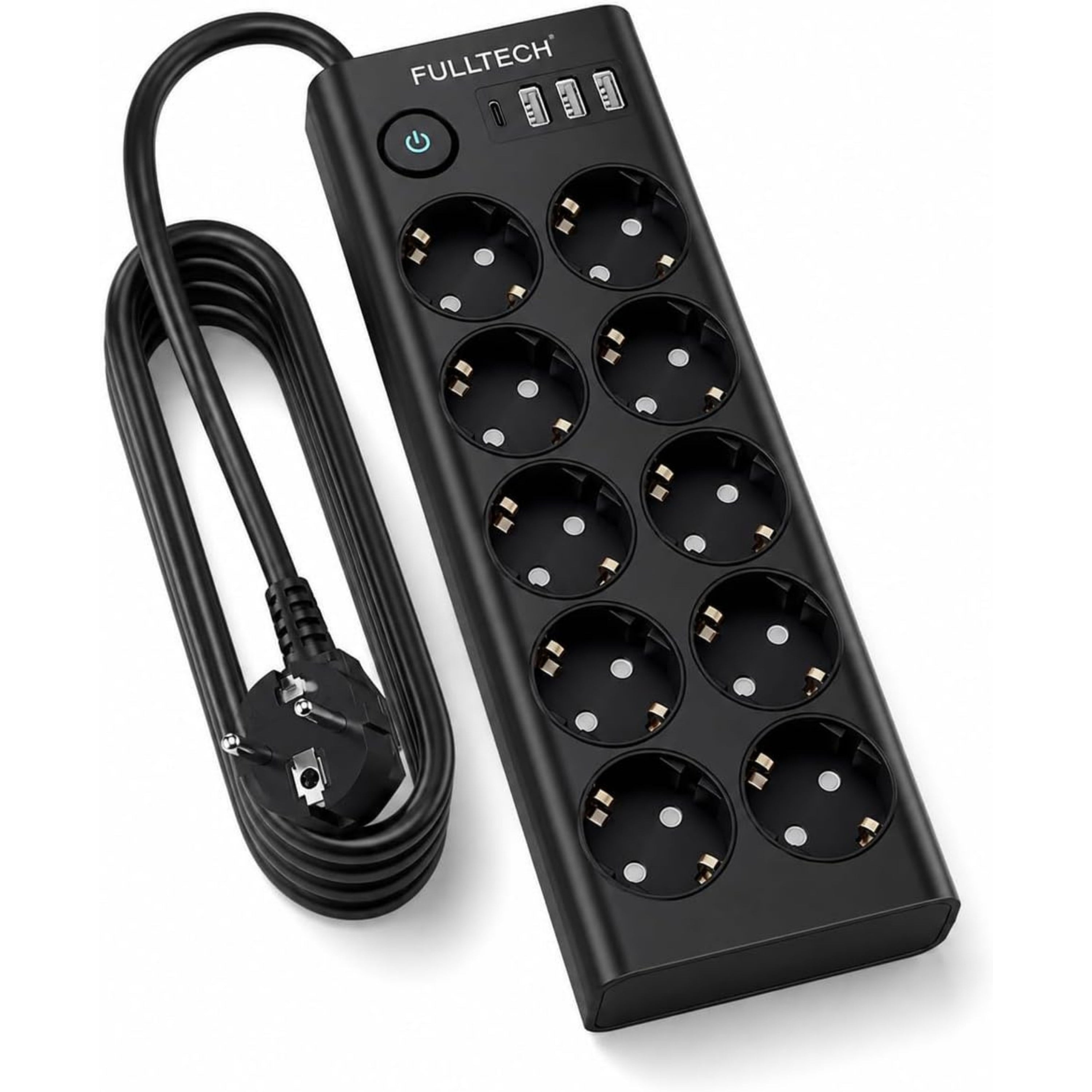 10 Lu Akım Korumalı Çoklu Priz 3 USB-A 1 USB-C Girişli Anahtarlı 3680W 16A  Aç Kapa Tuşlu 2 Metre Kablolu Priz
