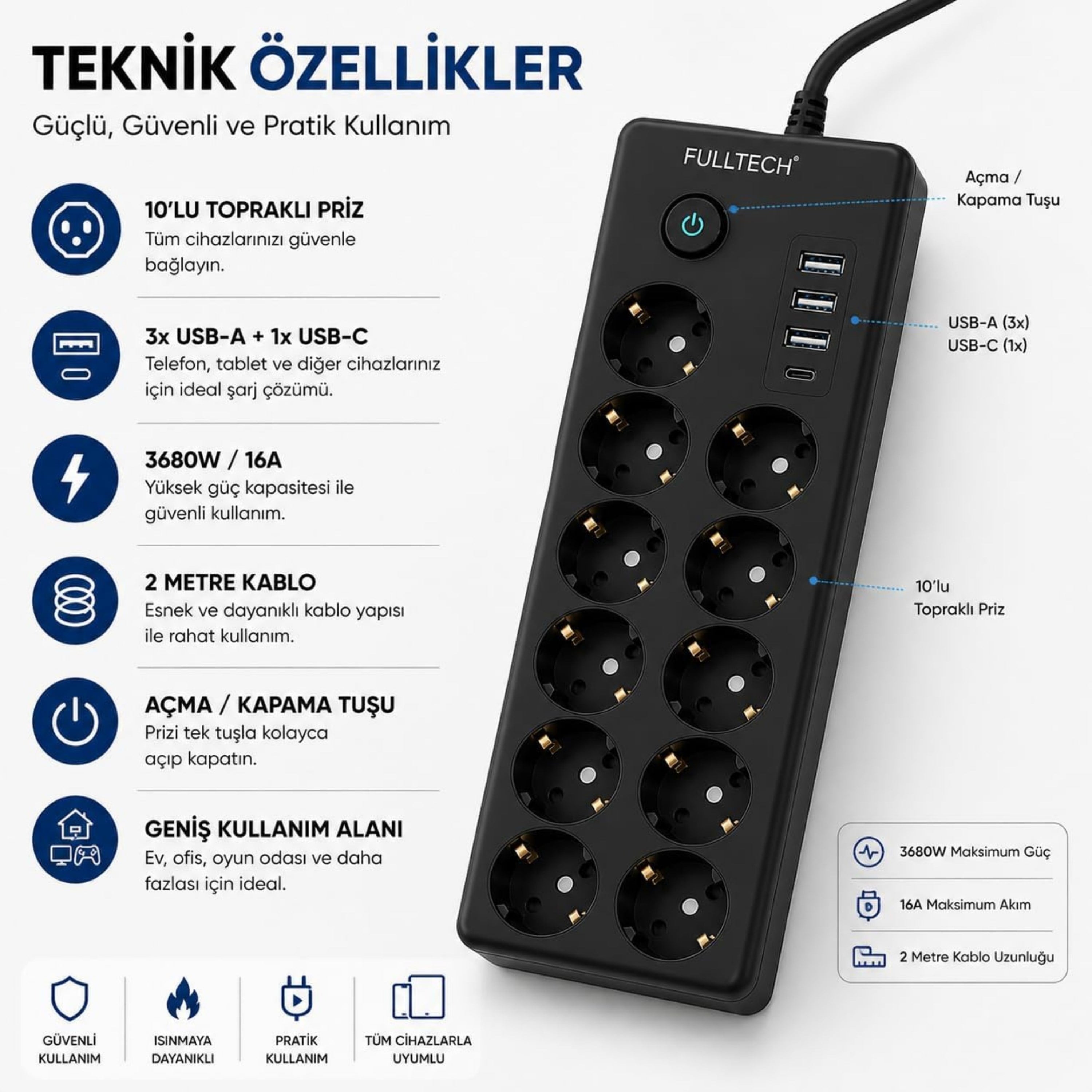10 Lu Akım Korumalı Çoklu Priz 3 USB-A 1 USB-C Girişli Anahtarlı 3680W 16A  Aç Kapa Tuşlu 2 Metre Kablolu Priz