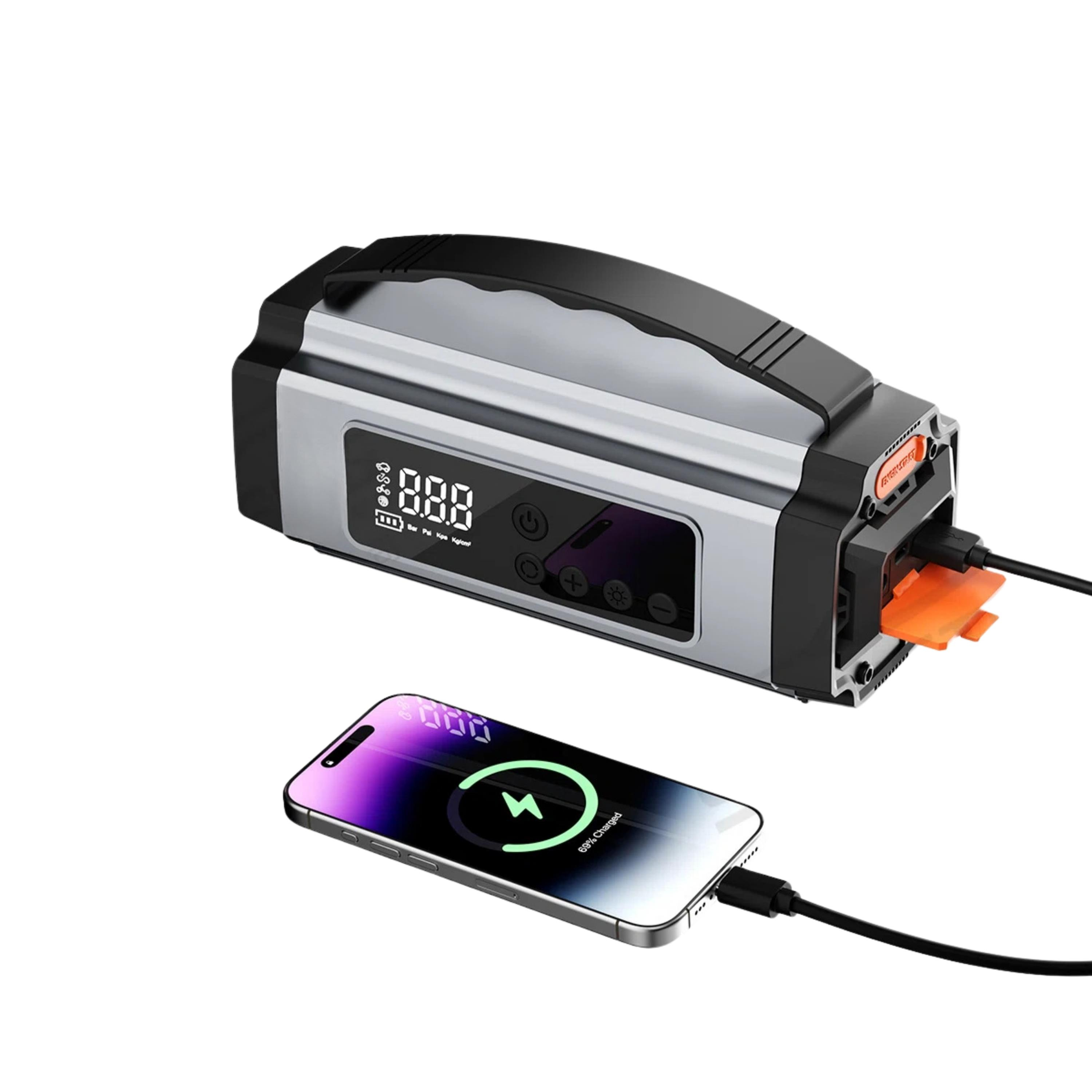 16000 mAh Akü Takviye Cihazı ve Lastik Şişirme Kompresörü Dijital Göstergeli 12V Taşınabilir Hava Pompası Powerbank Ve Fener Özellikli
