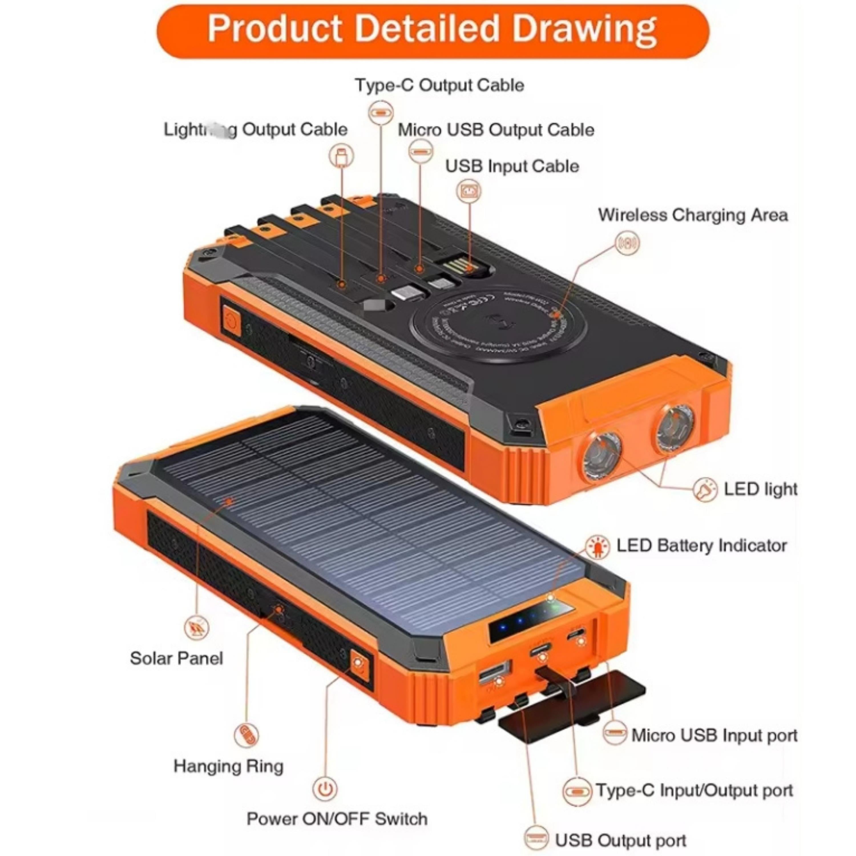 20.000 Mah Kablosuz Şarjlı Powerbank Güneş Enerjili Fenerli Hızlı Şarj Taşınabilir Harici Batarya 4 Çıkışlı Magesafe Powerbank 