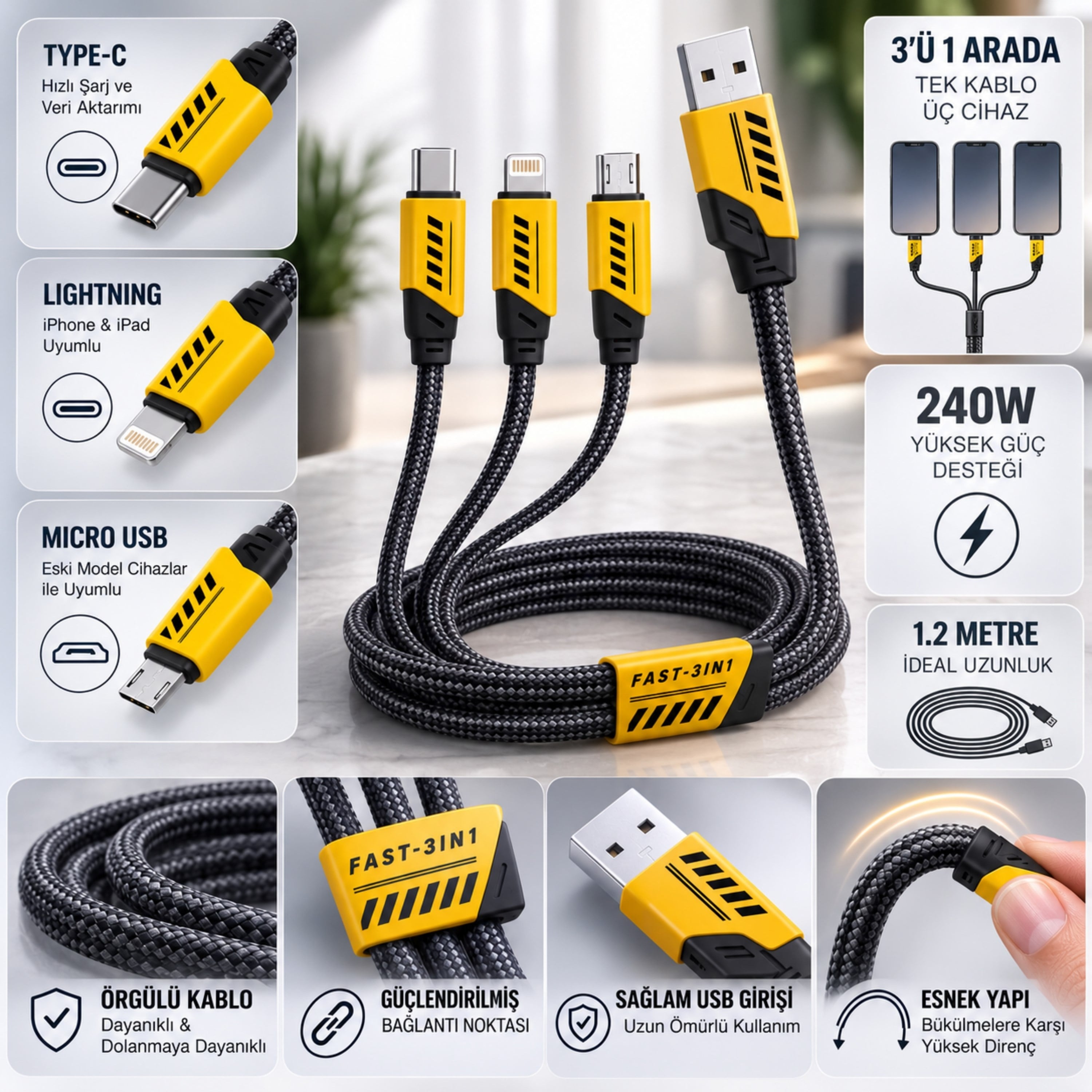 240W 3'ü 1 Arada USB Şarj ve Data Kablosu 1.2 Metre Type-C Lightning Micro USB Örgülü Kablo 3 Lü Şarj Kablosu 