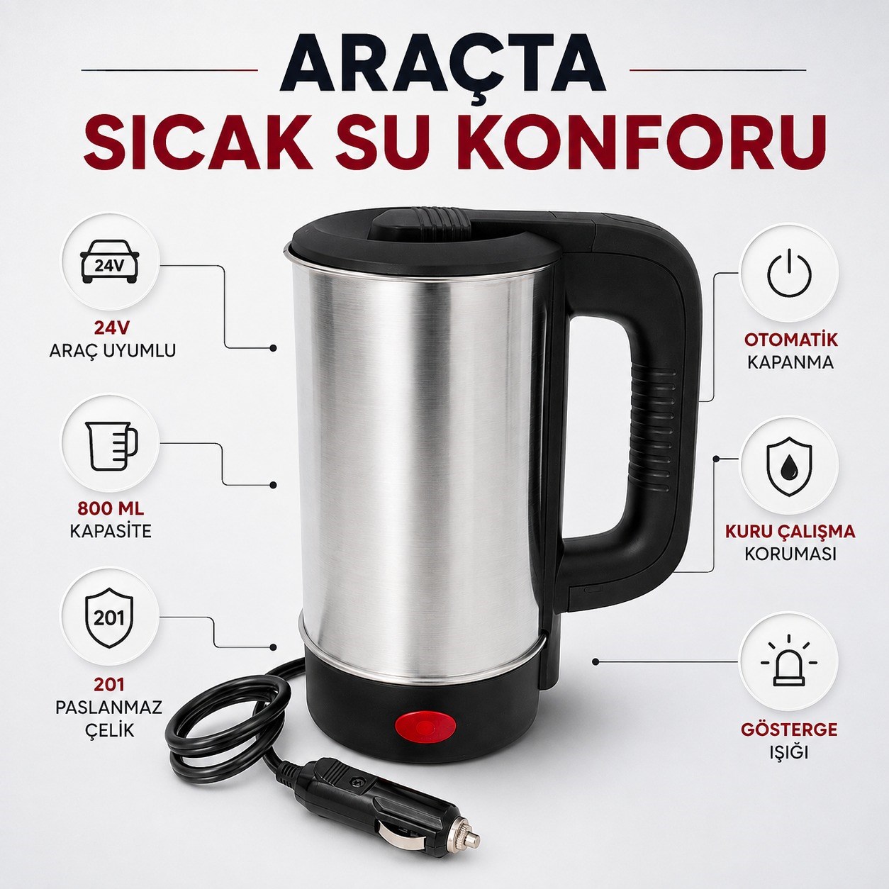 24V 800 ml Araç İçi Çakmaklık Girişli Paslanmaz Çelik Su Isıtıcı Kettle Otomatik Kapanma ve Kuru Kaynama Koruması