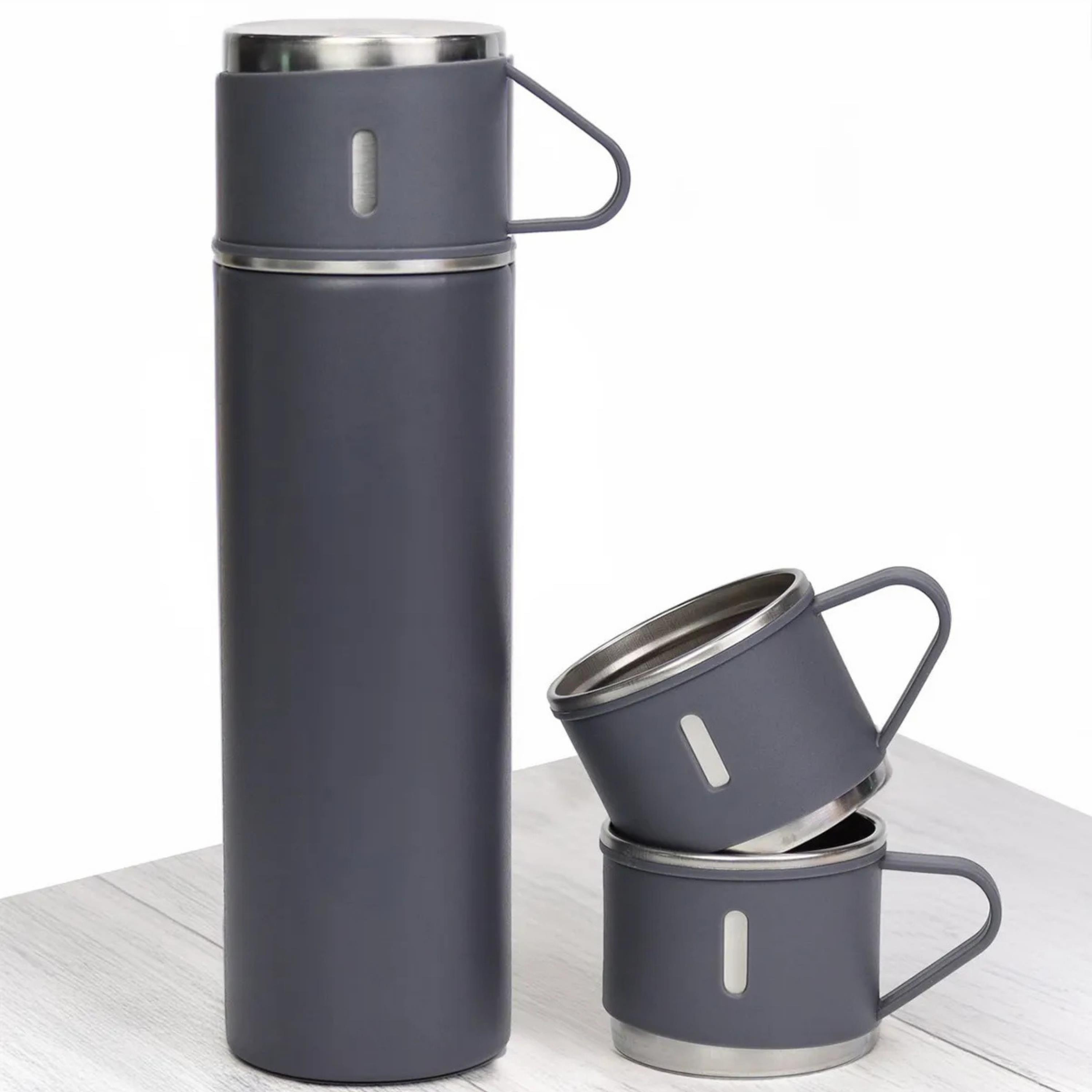 3 Bardaklı Gri Paslanmaz Çelik Termos 