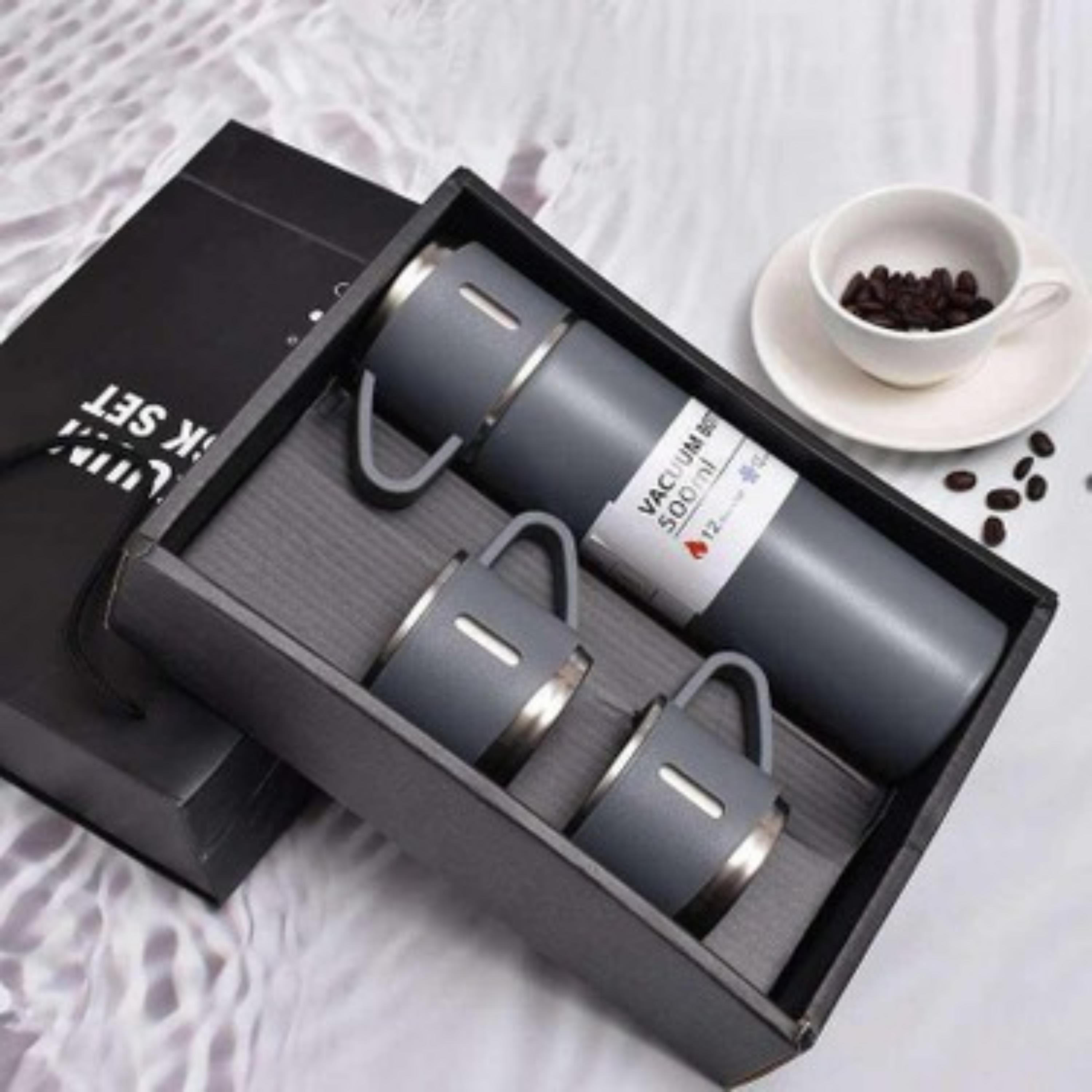 3 Bardaklı Gri Paslanmaz Çelik Termos 