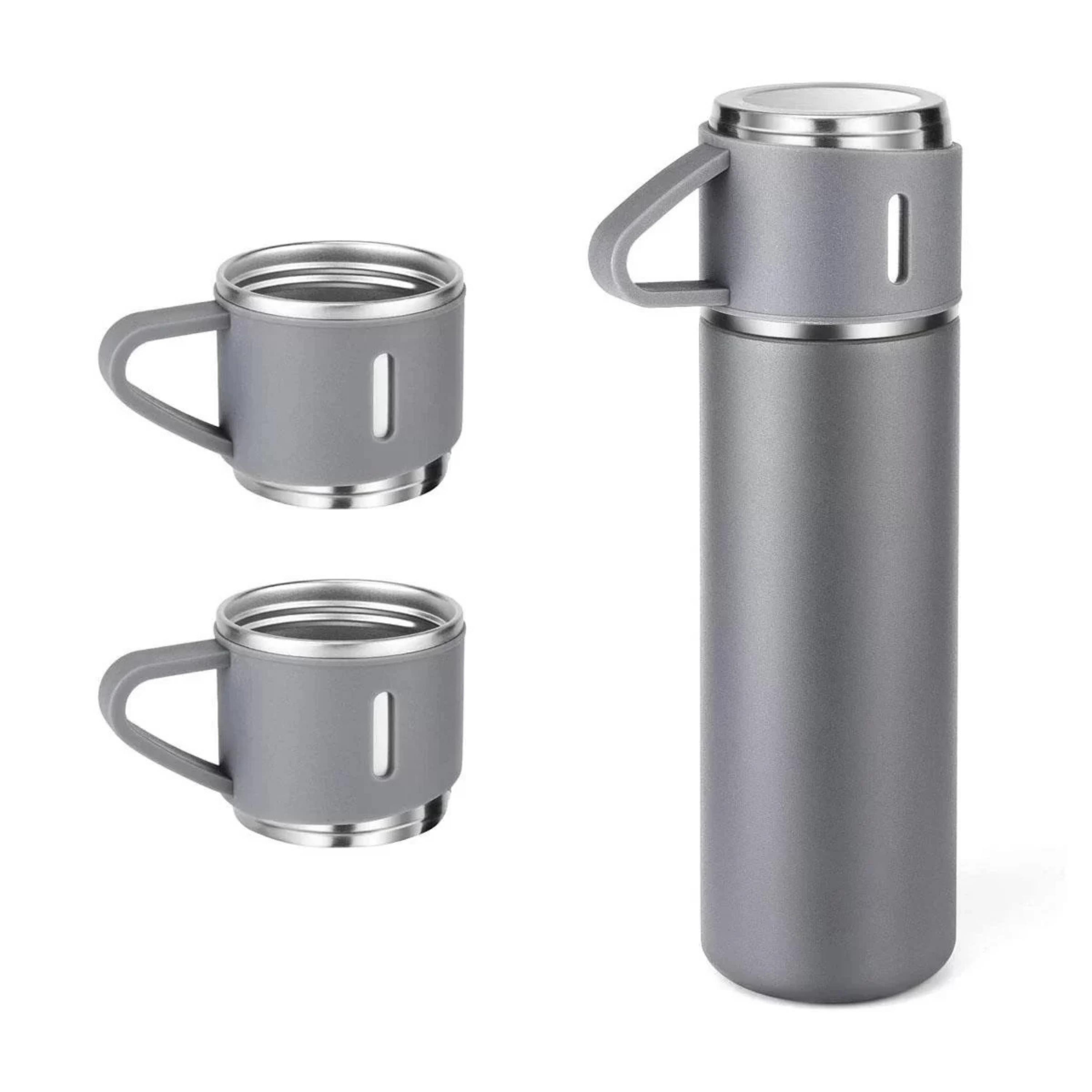 3 Bardaklı Gri Paslanmaz Çelik Termos 