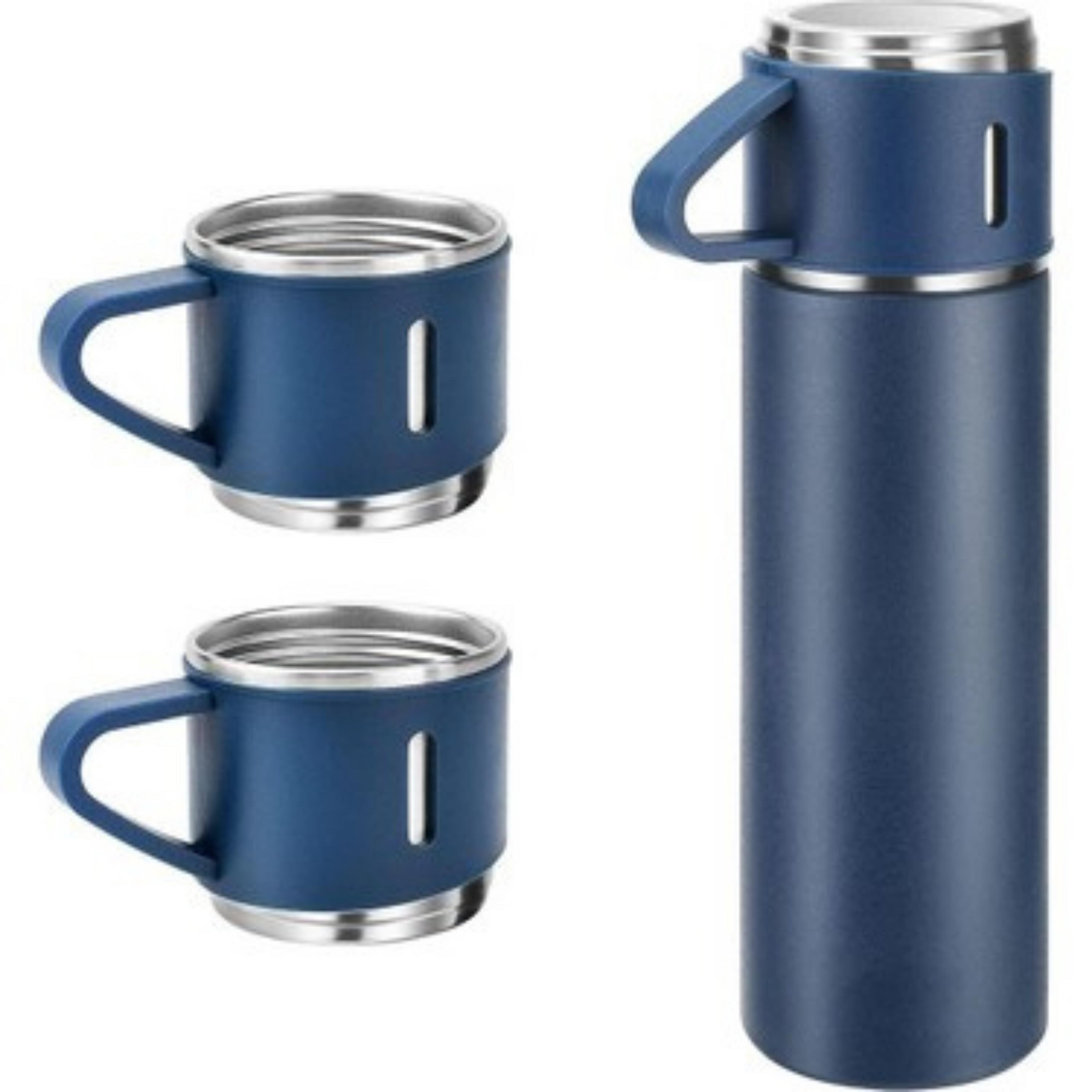 3 Bardaklı Lacivert Paslanmaz Çelik Termos 