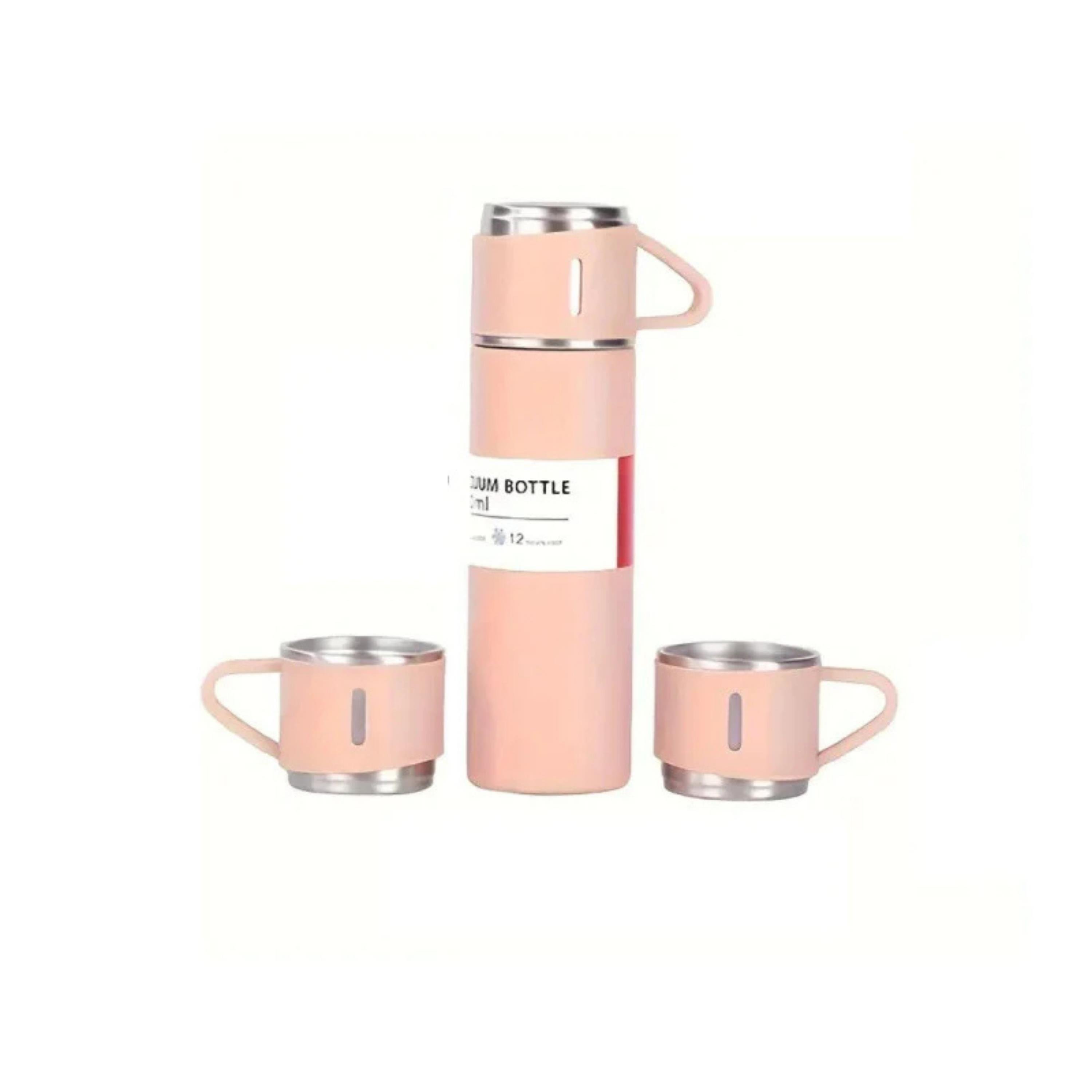 3 Bardaklı Pembe Paslanmaz Çelik Termos 