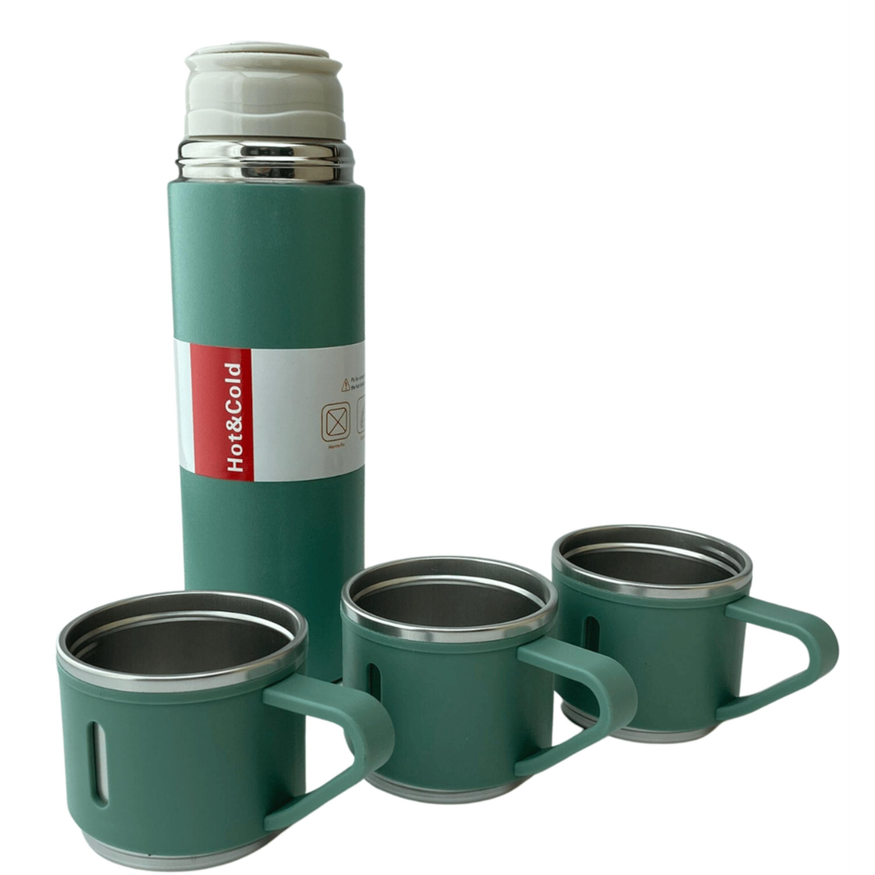 3 Bardaklı Yeşil  Paslanmaz Çelik Termos 
