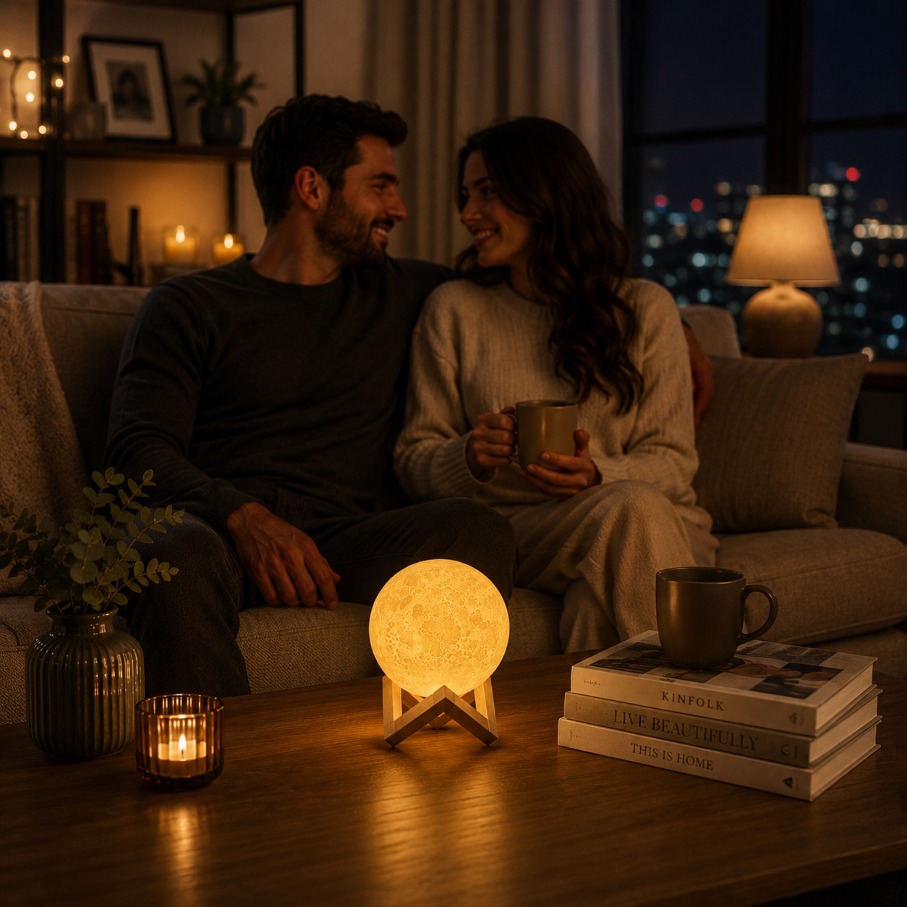 3D Ay Işığı Gece Lambası Dekoratif Ay Lamba Ahşap Standlı LED Masa Lambası Sarı Işıklı Pilli