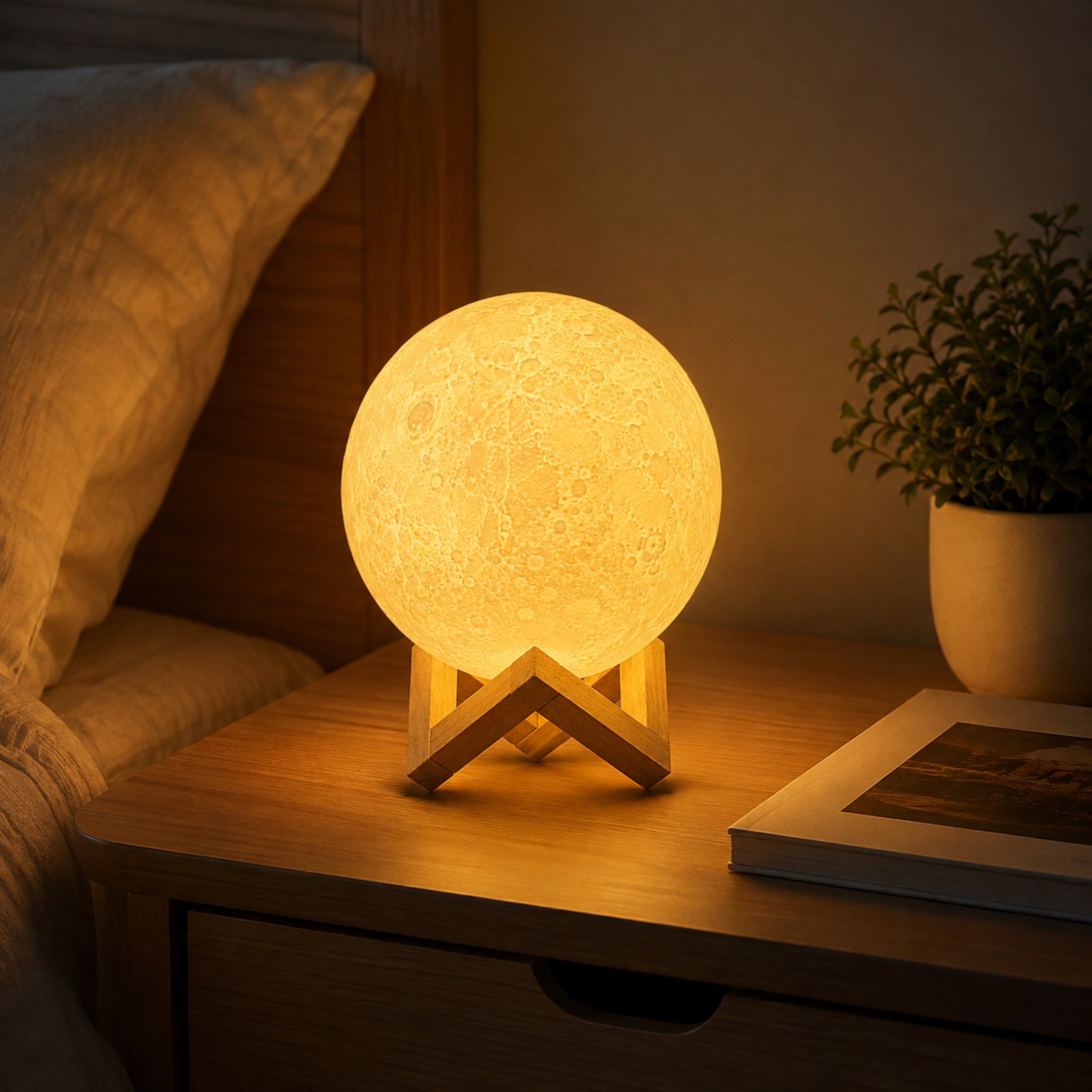 3D Ay Işığı Gece Lambası Dekoratif Ay Lamba Ahşap Standlı LED Masa Lambası Sarı Işıklı Pilli