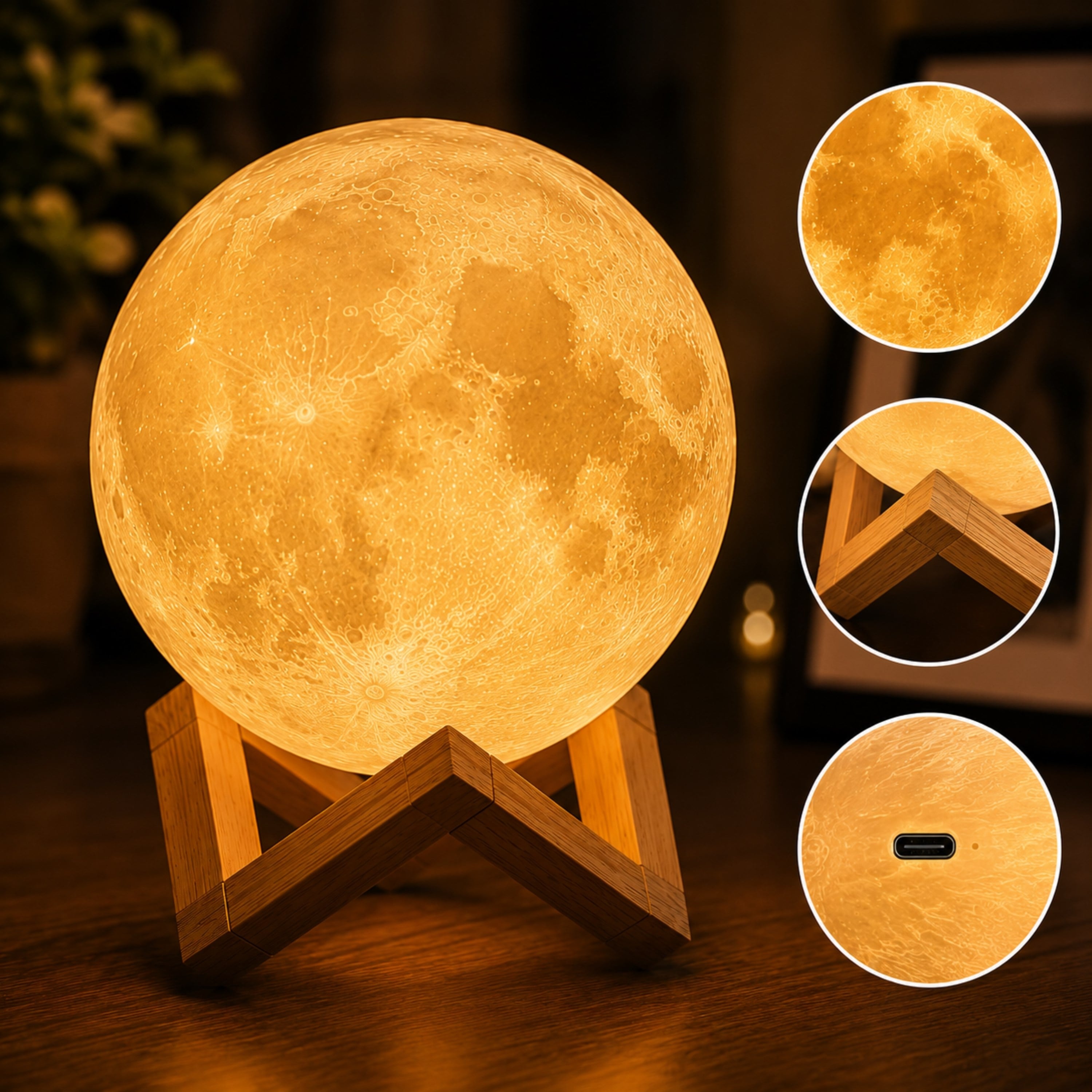 3D Ay Işığı Gece Lambası Dokunmatik 7 Renk Modlu USB Şarjlı Dekoratif Ay Lamba Ahşap Standlı LED Masa Lambası