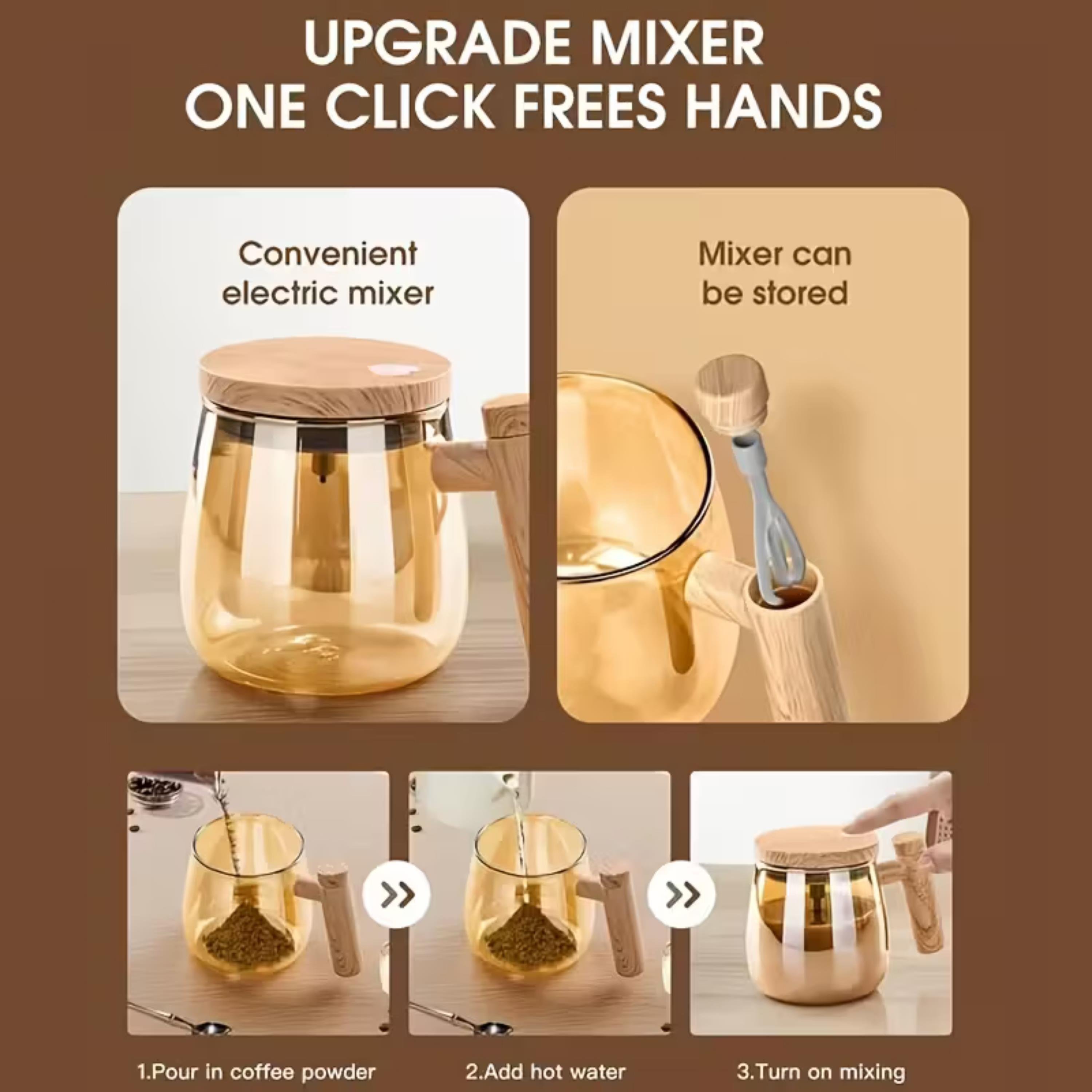 400 ml Ahşap Cam Şarjlı Otomatik Karıştırma Kahve Bardağı 