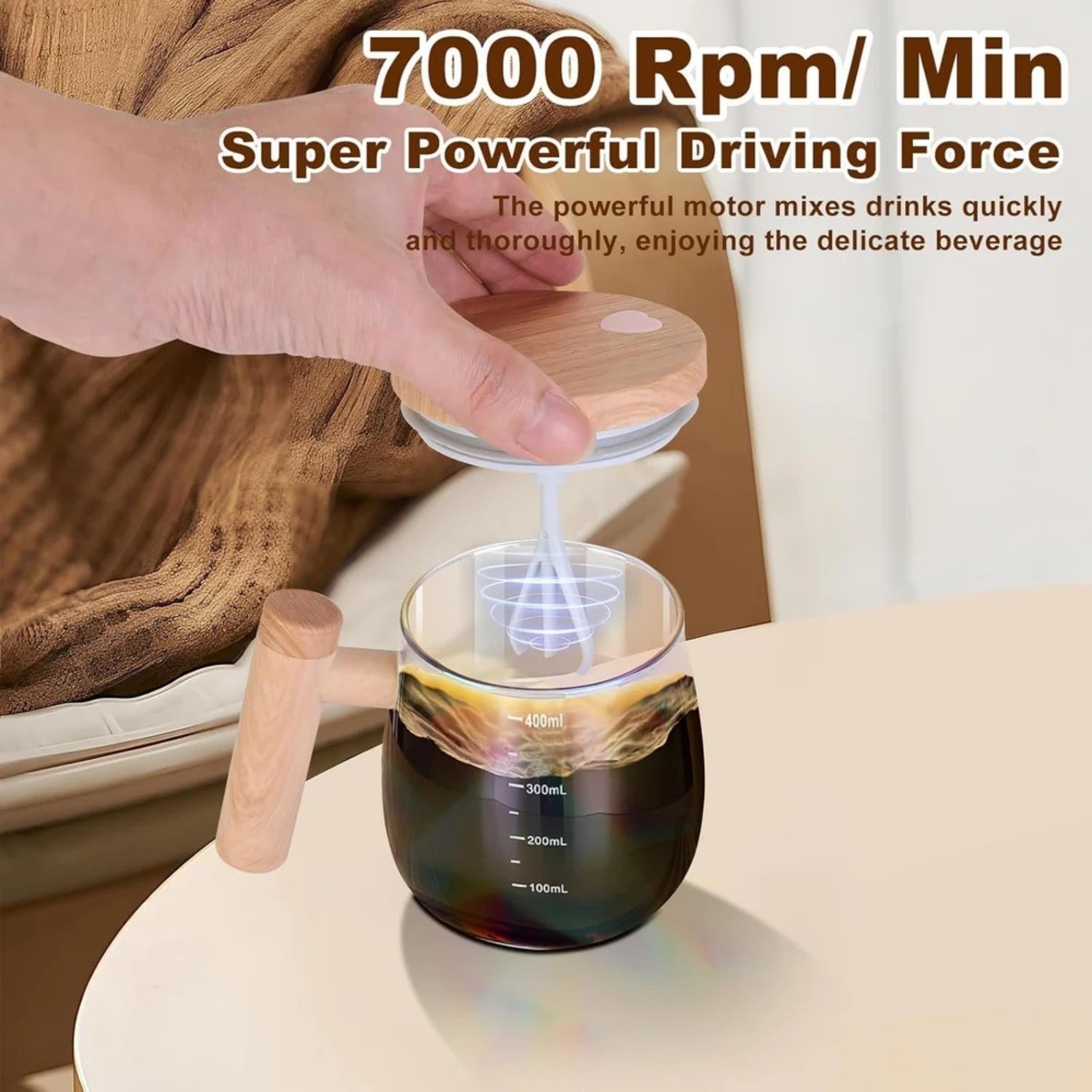 400 ml Ahşap Cam Şarjlı Otomatik Karıştırma Kahve Bardağı 