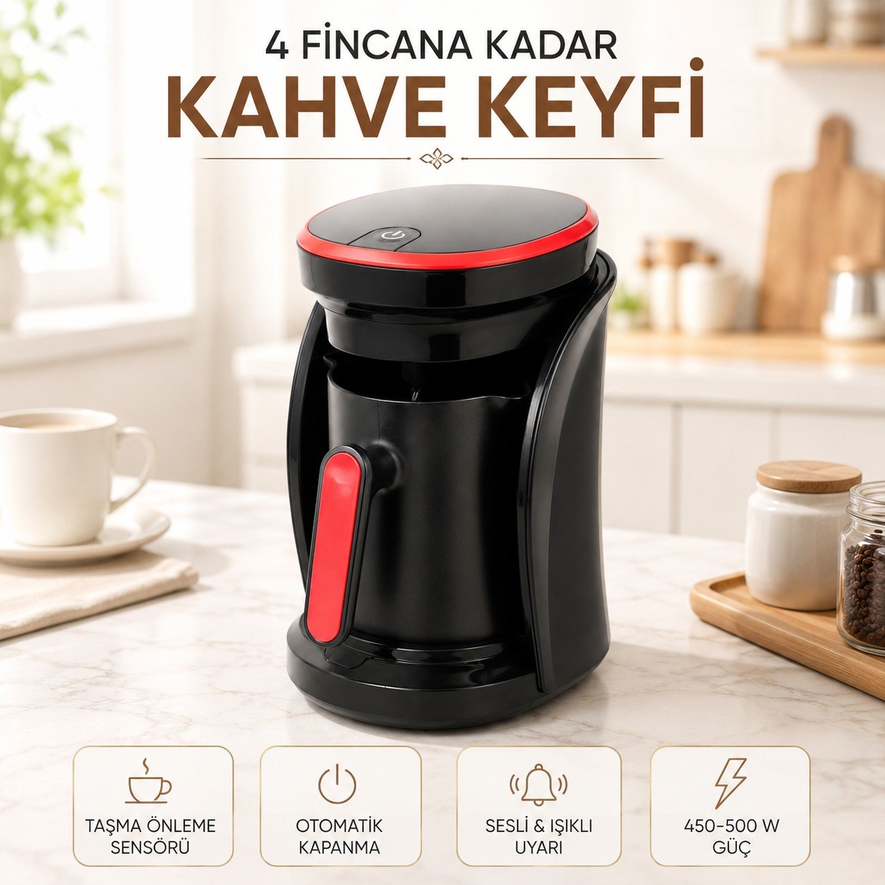 450 500W 4 Fincan Kapasiteli Türk Kahvesi Makinesi Taşma Önleyici Sensörlü Sesli ve Işıklı Uyarılı Yıkanabilir Çift Ağızlı Cezveli 