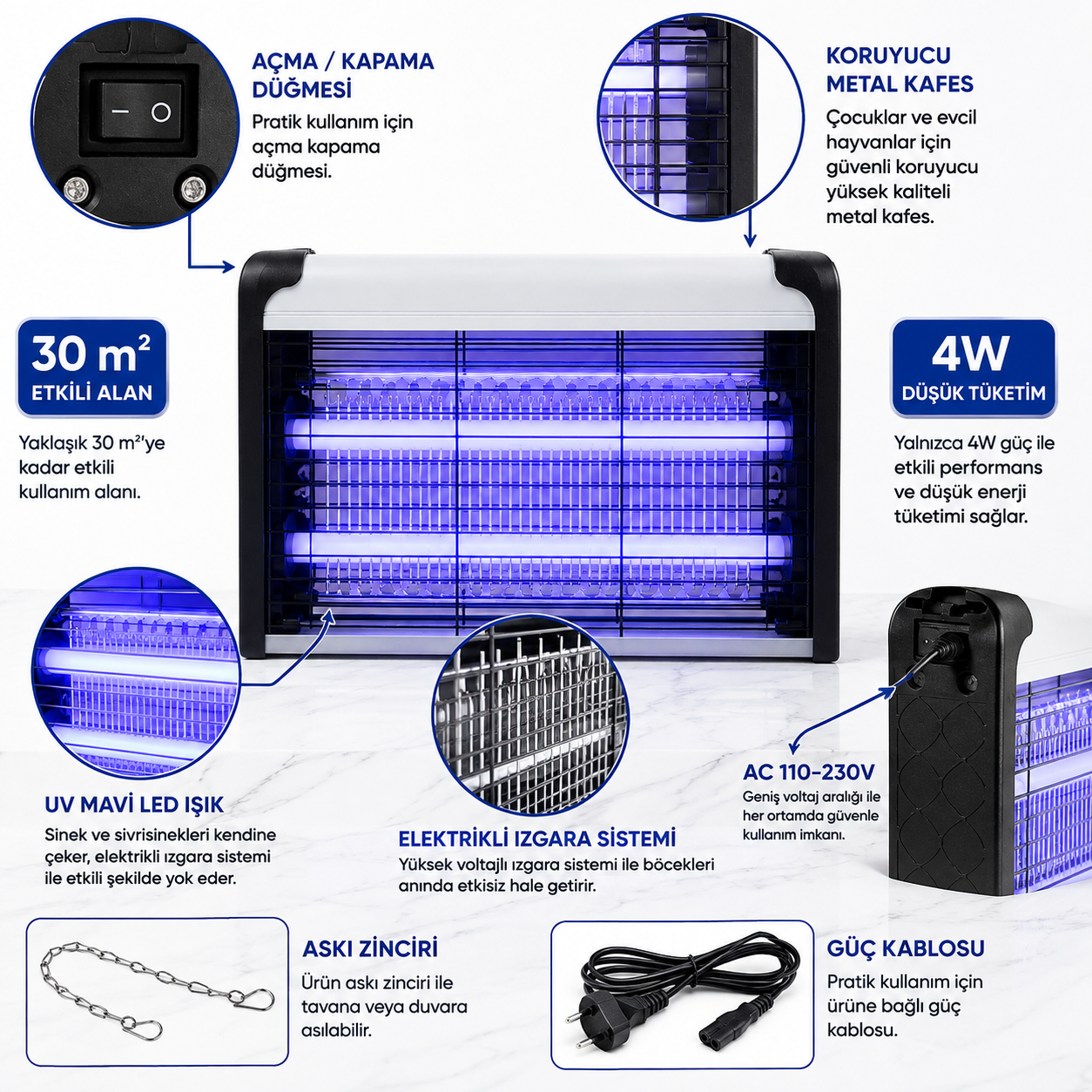 4W Elektrikli UV Mavi Işıklı Sinek ve Sivrisinek Öldürücü LED 30 m² Etkili Asılabilir Masaüstü Böcek Kovucu