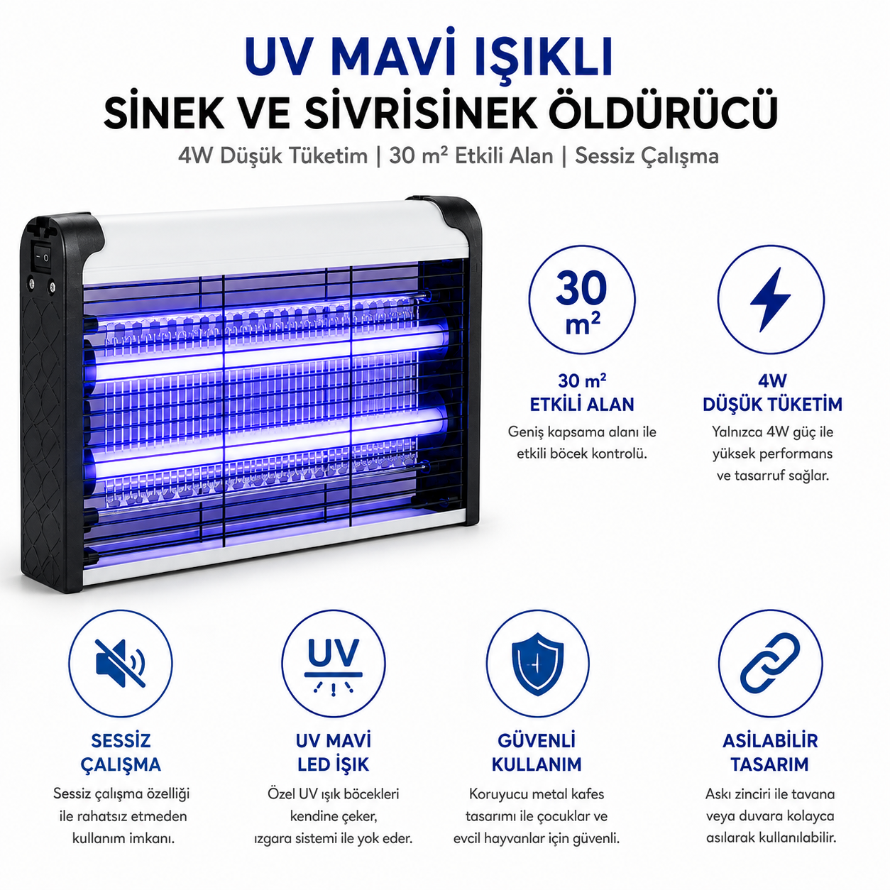 4W Elektrikli UV Mavi Işıklı Sinek ve Sivrisinek Öldürücü LED 30 m² Etkili Asılabilir Masaüstü Böcek Kovucu