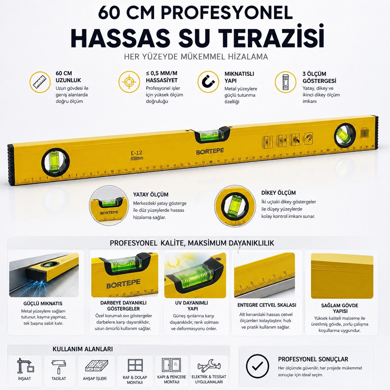 60 CM Profesyonel Hassas Su Terazisi 3 Göstergeli Mıknatıslı Alüminyum Gövde Yatay Dikey Ölçüm Cetvelli İnşaat Tadilat Montaj El Aleti