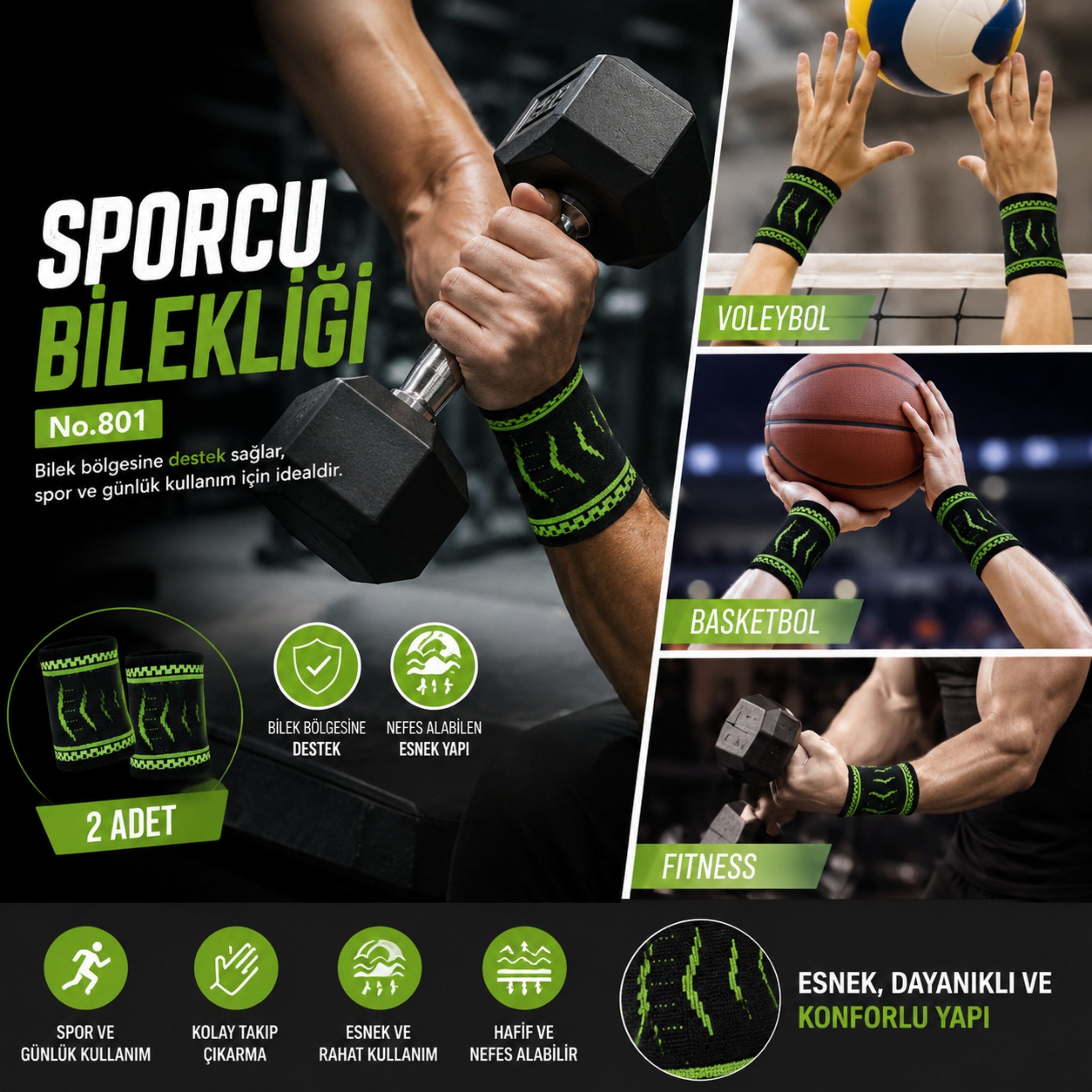 801 Bileklik 2 Adet Sporcu Bilekliği El Bilek Desteği Spor Bilek Koruyucu Esnek Bilek Bandajı Fitness ve Günlük Kullanım