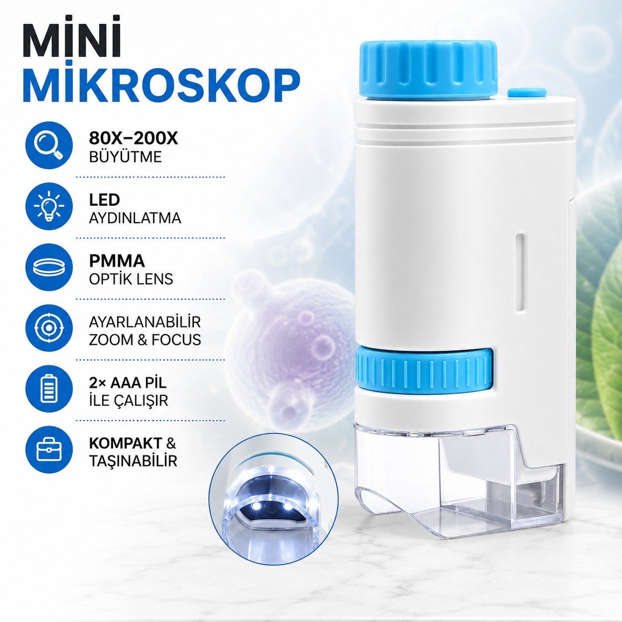 80X-200X LED Işıklı Mini Mikroskop Ayarlanabilir Zoom Focus PMMA Optik Lensli Taşınabilir El Tipi Eğitici Çocuk Mikroskobu