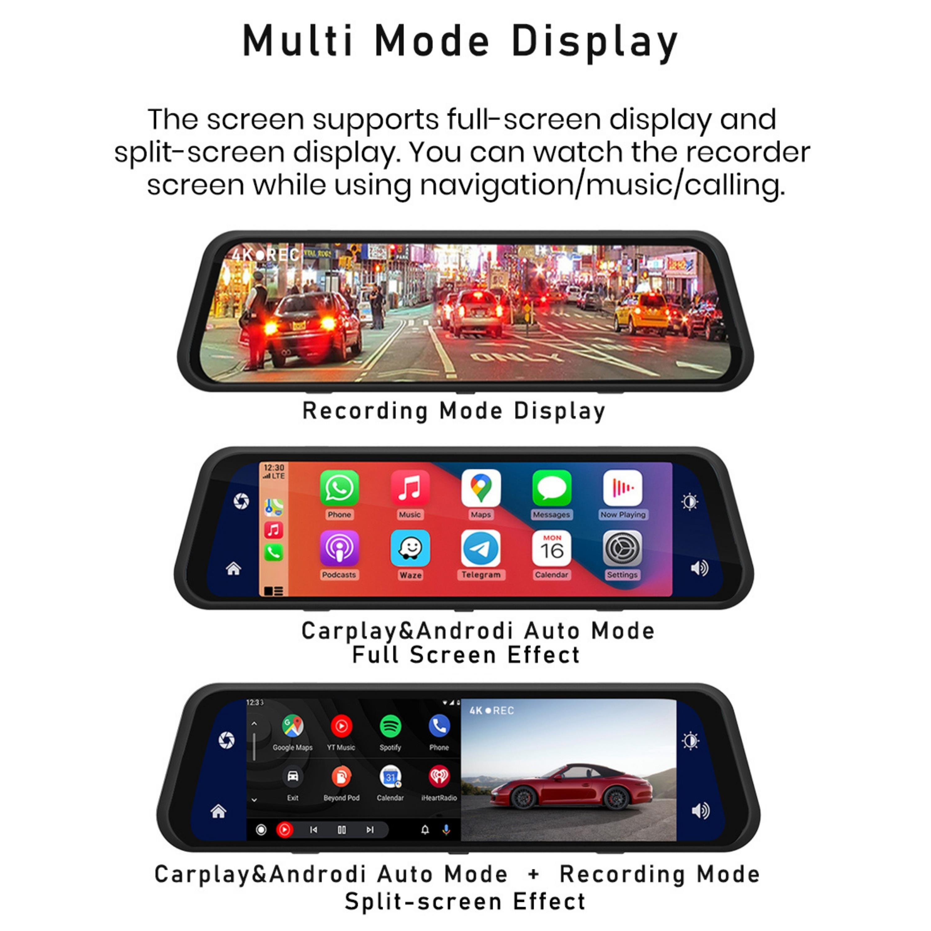 9.66 İnç Dokunmatik Ayna Tipi Araç Kamerası 4K Full HD Ön Arka Kayıt Carplay Android Auto WiFi GPS Gece Görüşlü Park Modlu Dash Cam