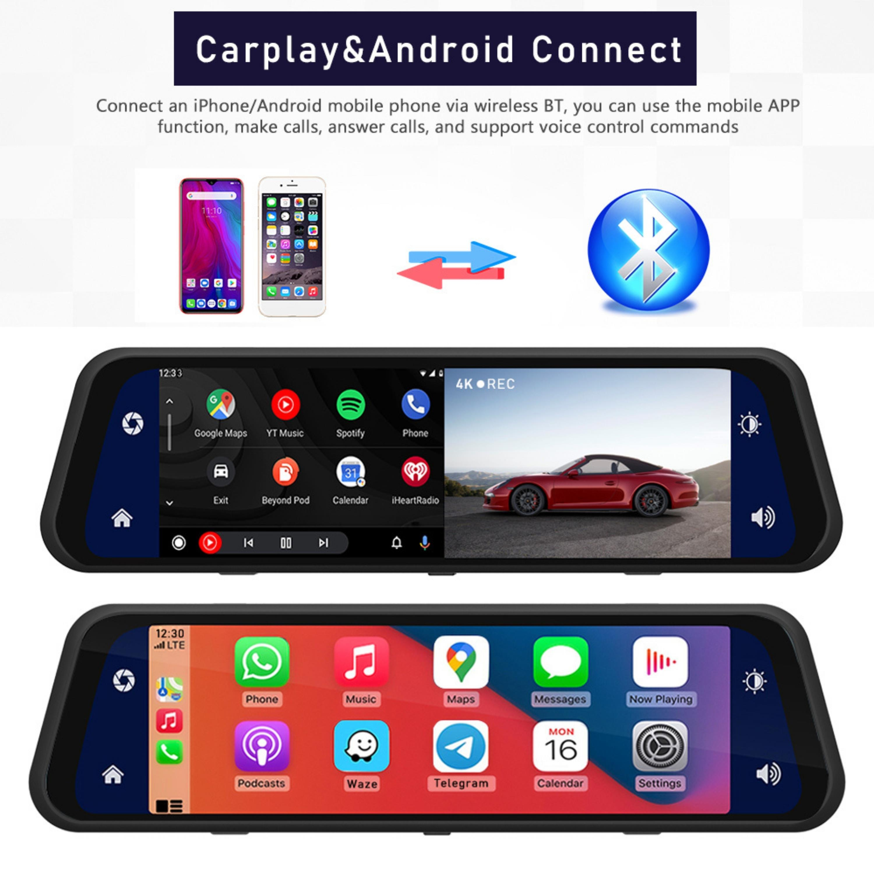9.66 İnç Dokunmatik Ayna Tipi Araç Kamerası 4K Full HD Ön Arka Kayıt Carplay Android Auto WiFi GPS Gece Görüşlü Park Modlu Dash Cam