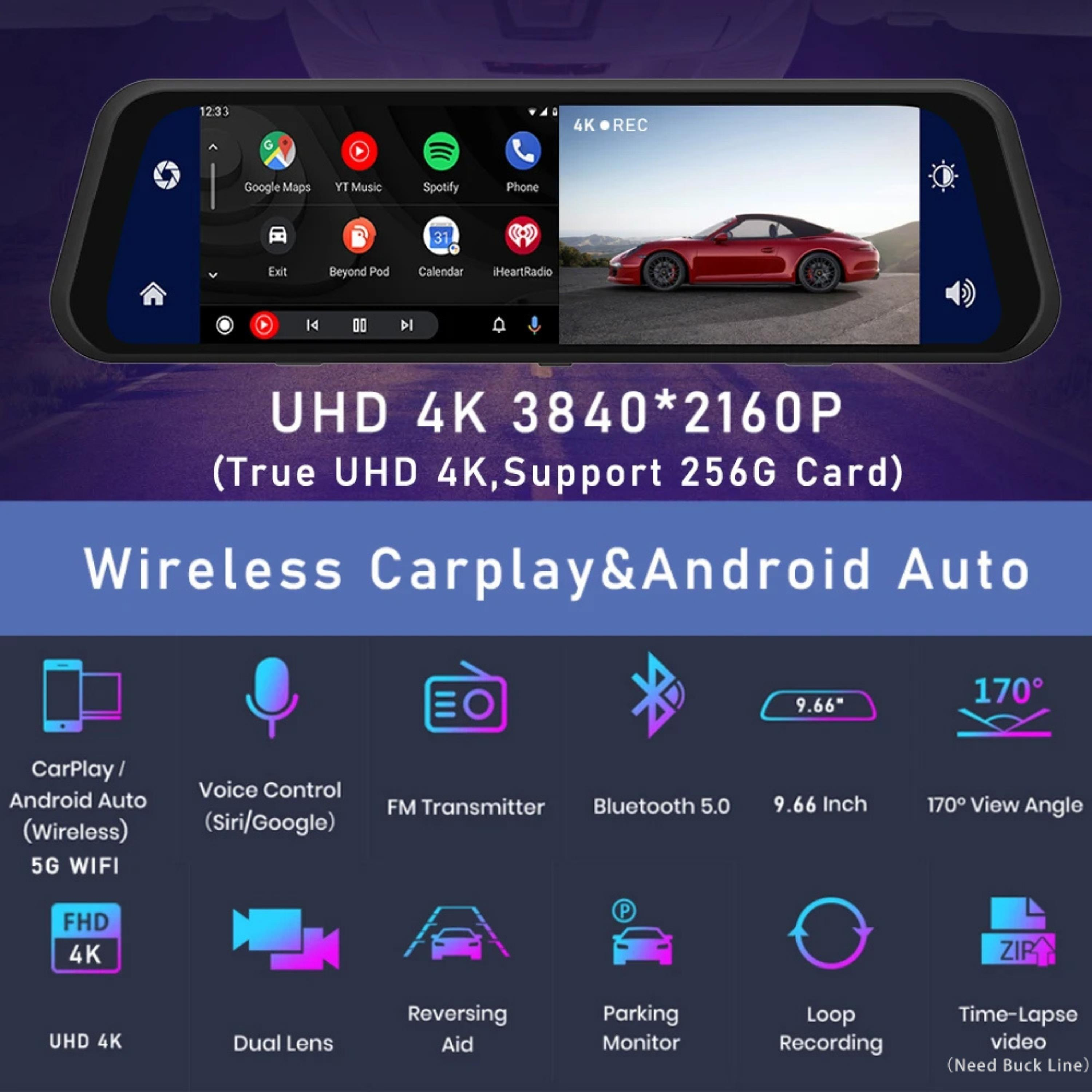 9.66 İnç Dokunmatik Ayna Tipi Araç Kamerası 4K Full HD Ön Arka Kayıt Carplay Android Auto WiFi GPS Gece Görüşlü Park Modlu Dash Cam