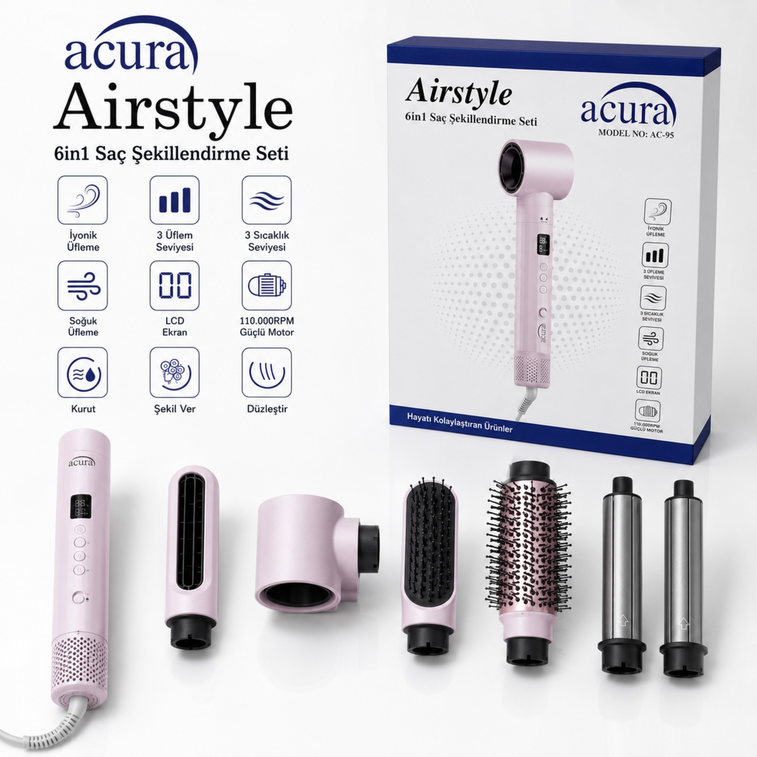 AC-95 Pembe 6 Başlıklı Saç Şekillendirme ve Kurutma Seti LCD Ekranlı İyonik Hava Üflemeli Maşa Düzleştirici Fön Seti