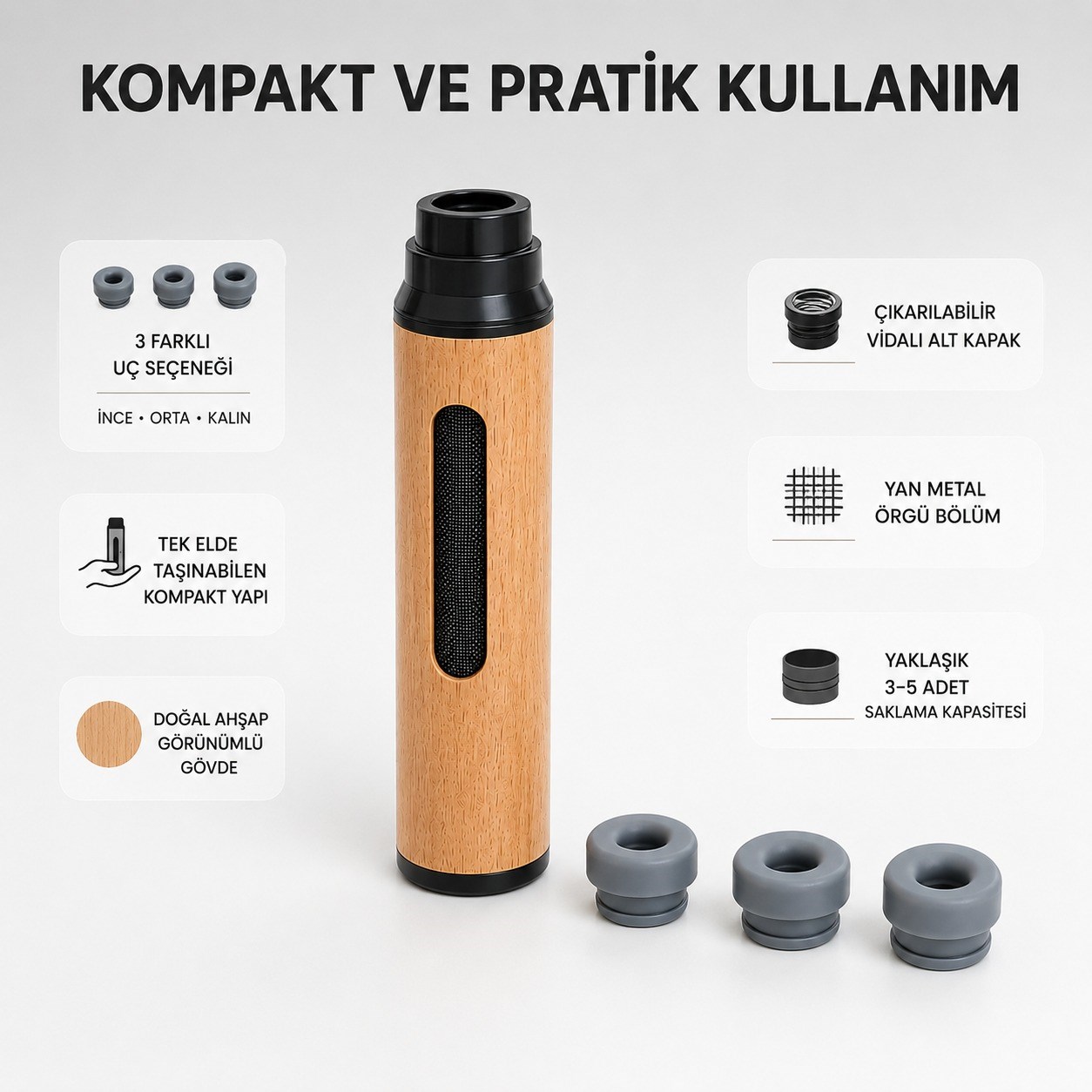 Ahşap Görünümlü Taşınabilir Küllük 3 Farklı Uç Seçenekli İzmarit Söndürme Aparatlı Kapaklı Koku ve Kül Dağılımını Azaltan Pratik Küllük