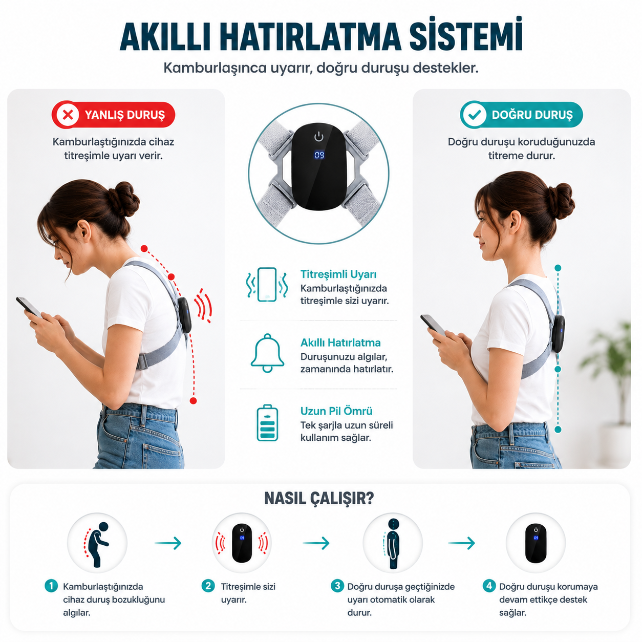 Akıllı Dik Duruş Aleti Titreşimli Duruş Düzeltici Hatırlatıcı Ayarlanabilir Omuz Destek Aparatı Şarjlı