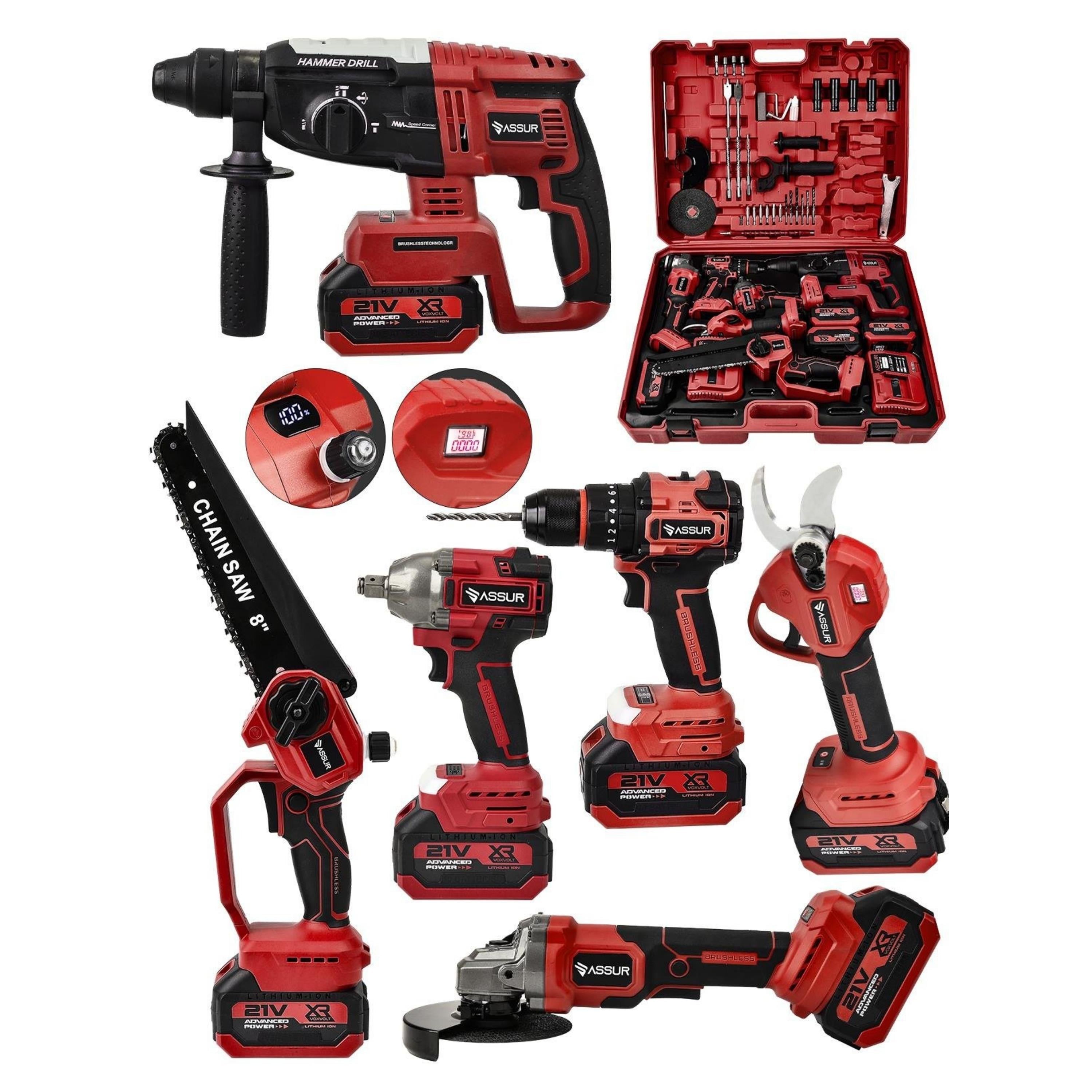 Assur 21V 6'lı Profesyonel Set Budama Testeresi ve Makas + Somun Sıkma +Taşlama + Matkap + Kırıcı Delici Hilti