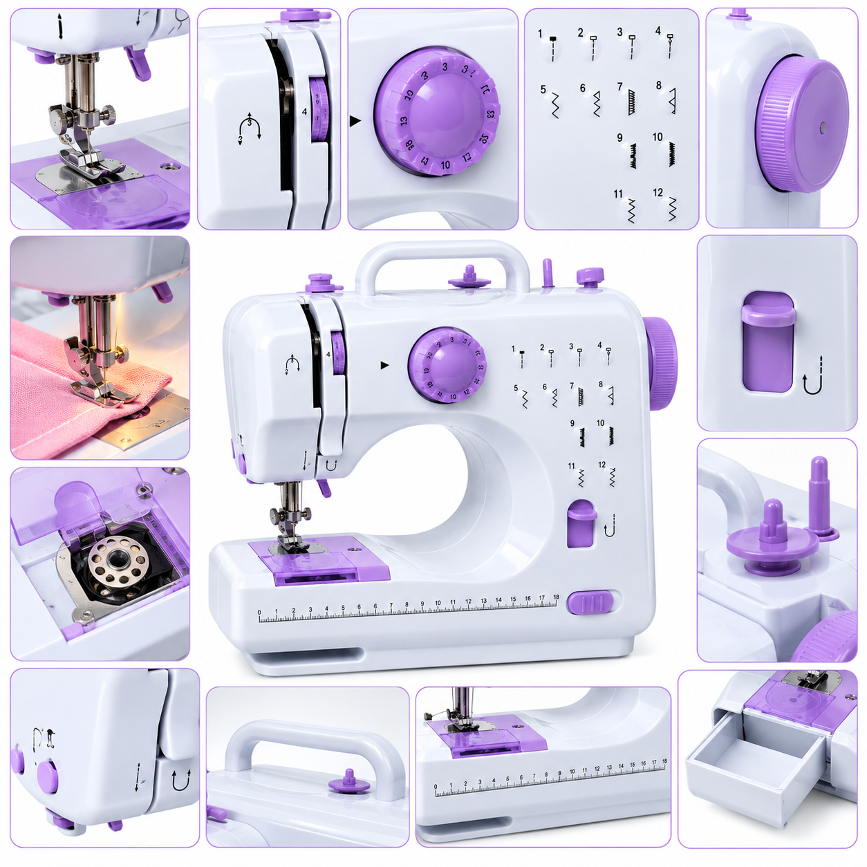 ASW2 Mini Dikiş Makinesi 12 Dikiş Desenli 2 Kademeli Hız Ayarlı Ayak Pedallı LED Işıklı Geri Dikiş Fonksiyonlu Ev Tipi Dikiş Makinesi