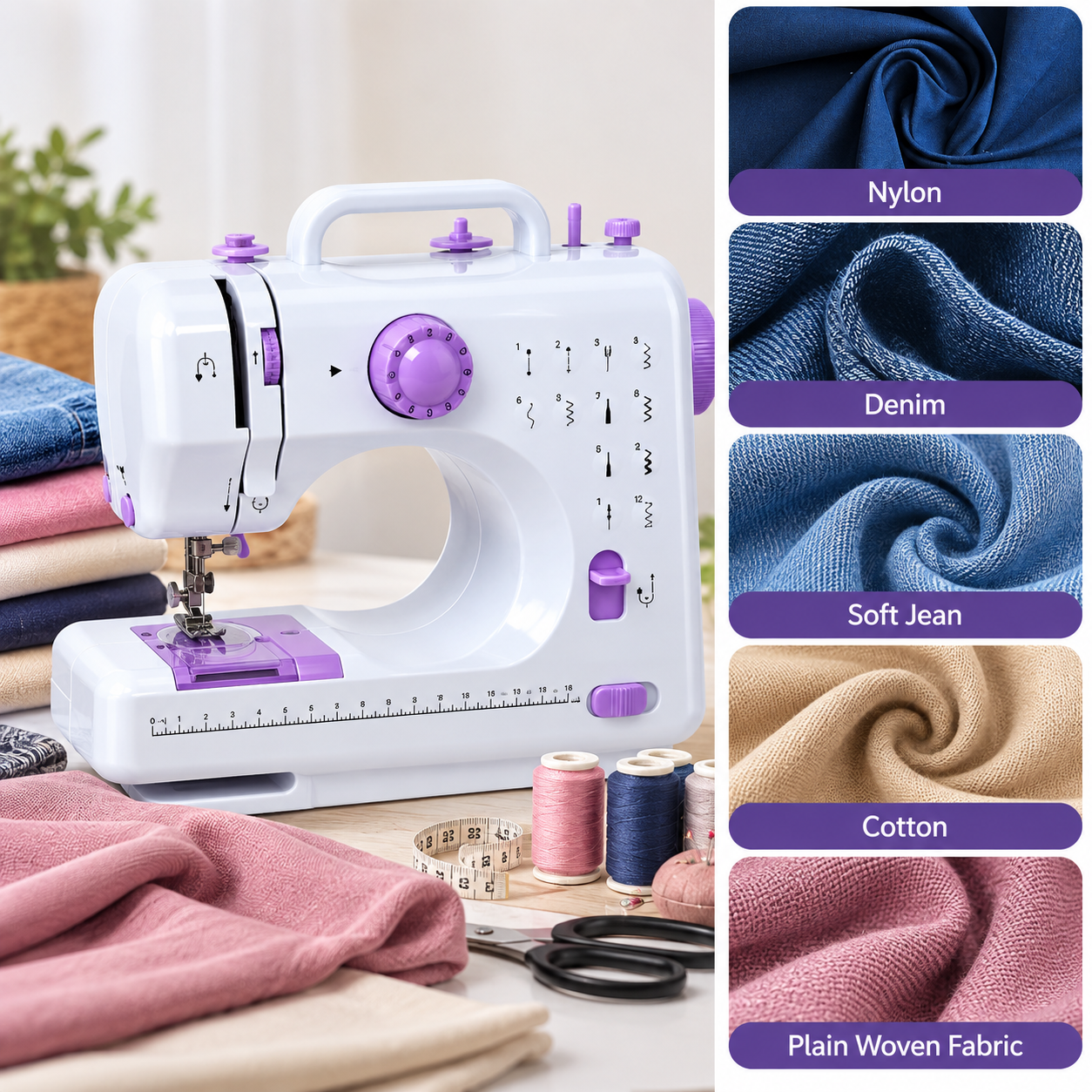 ASW2 Mini Dikiş Makinesi 12 Dikiş Desenli 2 Kademeli Hız Ayarlı Ayak Pedallı LED Işıklı Geri Dikiş Fonksiyonlu Ev Tipi Dikiş Makinesi