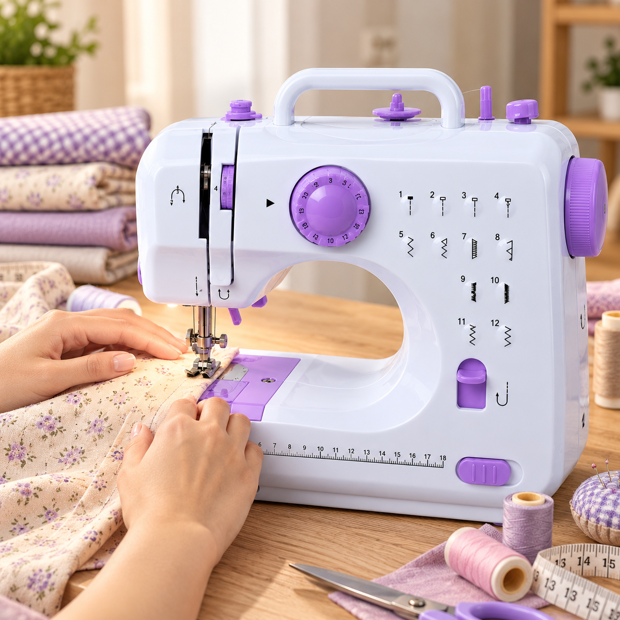 ASW2 Mini Dikiş Makinesi 12 Dikiş Desenli 2 Kademeli Hız Ayarlı Ayak Pedallı LED Işıklı Geri Dikiş Fonksiyonlu Ev Tipi Dikiş Makinesi