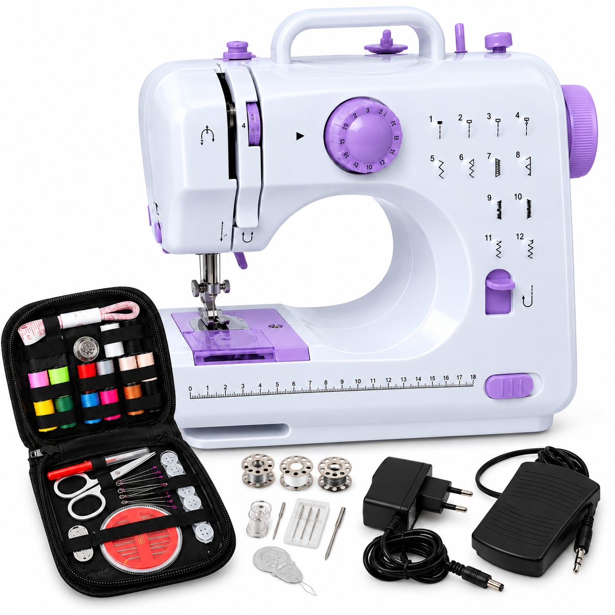 ASW2 Mini Dikiş Makinesi 12 Dikiş Desenli 2 Kademeli Hız Ayarlı Ayak Pedallı LED Işıklı Geri Dikiş Fonksiyonlu Ev Tipi Dikiş Makinesi