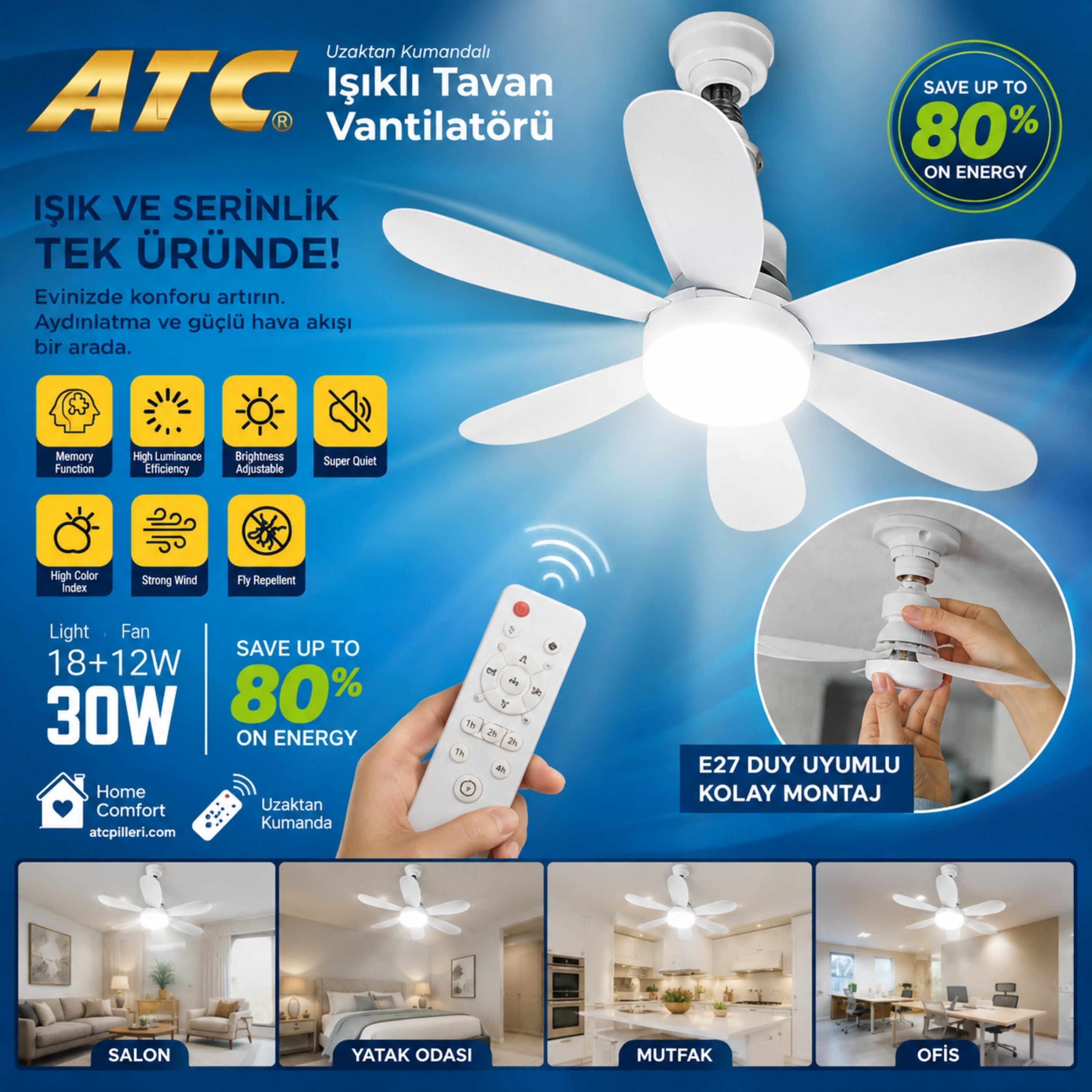ATC Uzaktan Kumandalı Işıklı Tavan Vantilatörü E27 Duy Uyumlu LED Aydınlatmalı Sessiz Çalışan Tavan Fanı 30W Enerji Tasarruflu Vantilatör Lamba