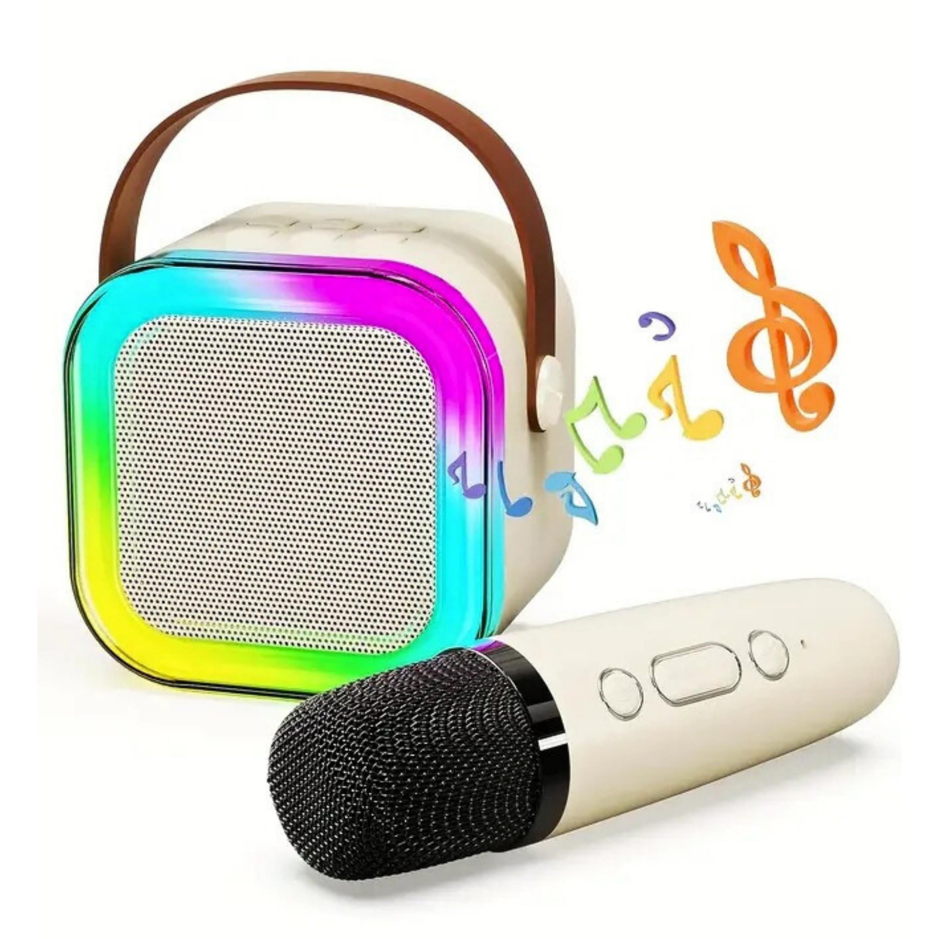 Bej K12 Renkli Işıklı Karaoke Hoparlör Tek Mikrofonlu Taşınabilir Bluetooth Müzik Kutusu Led Efektli Kablosuz Şarjlı Speaker 