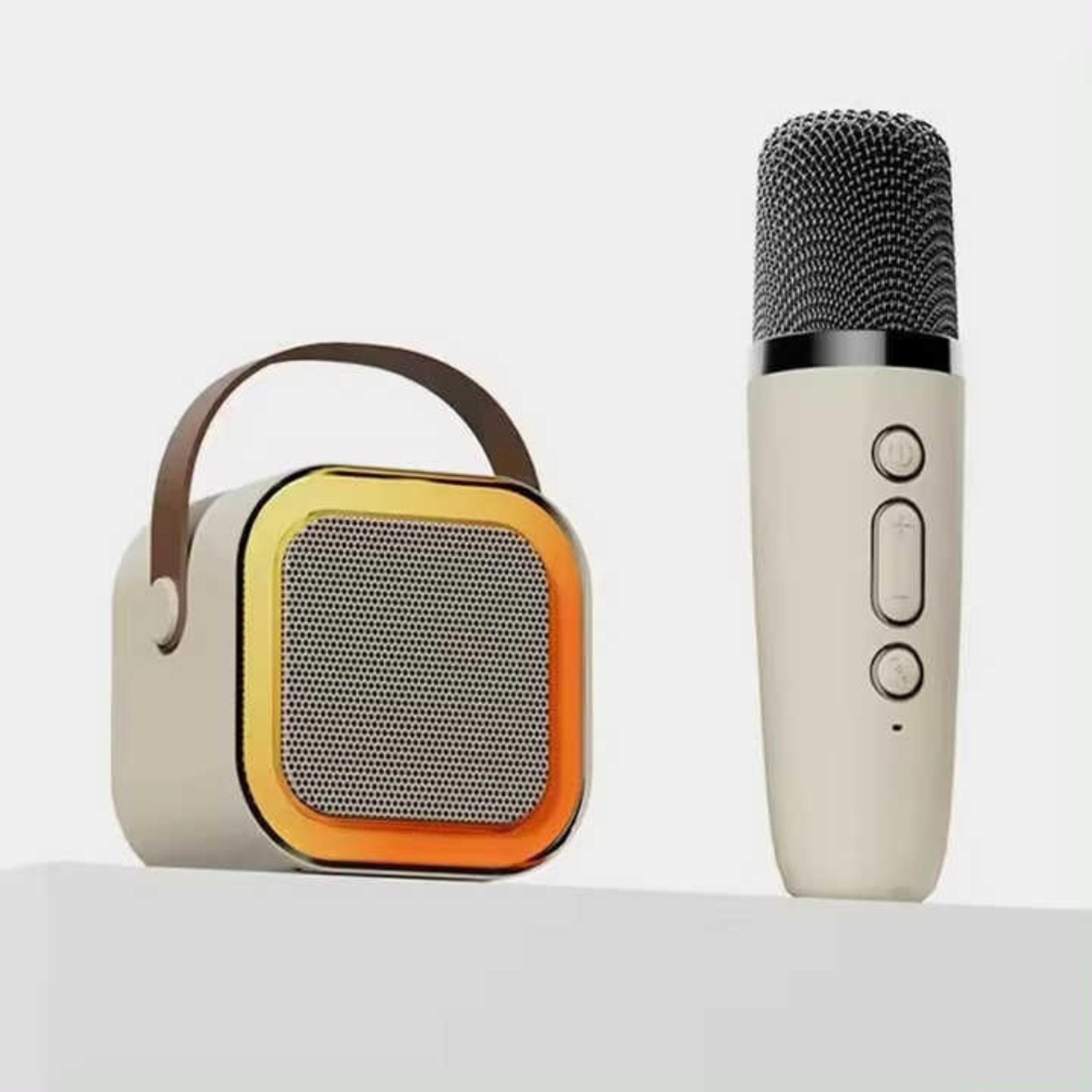 Bej K12 Renkli Işıklı Karaoke Hoparlör Tek Mikrofonlu Taşınabilir Bluetooth Müzik Kutusu Led Efektli Kablosuz Şarjlı Speaker 