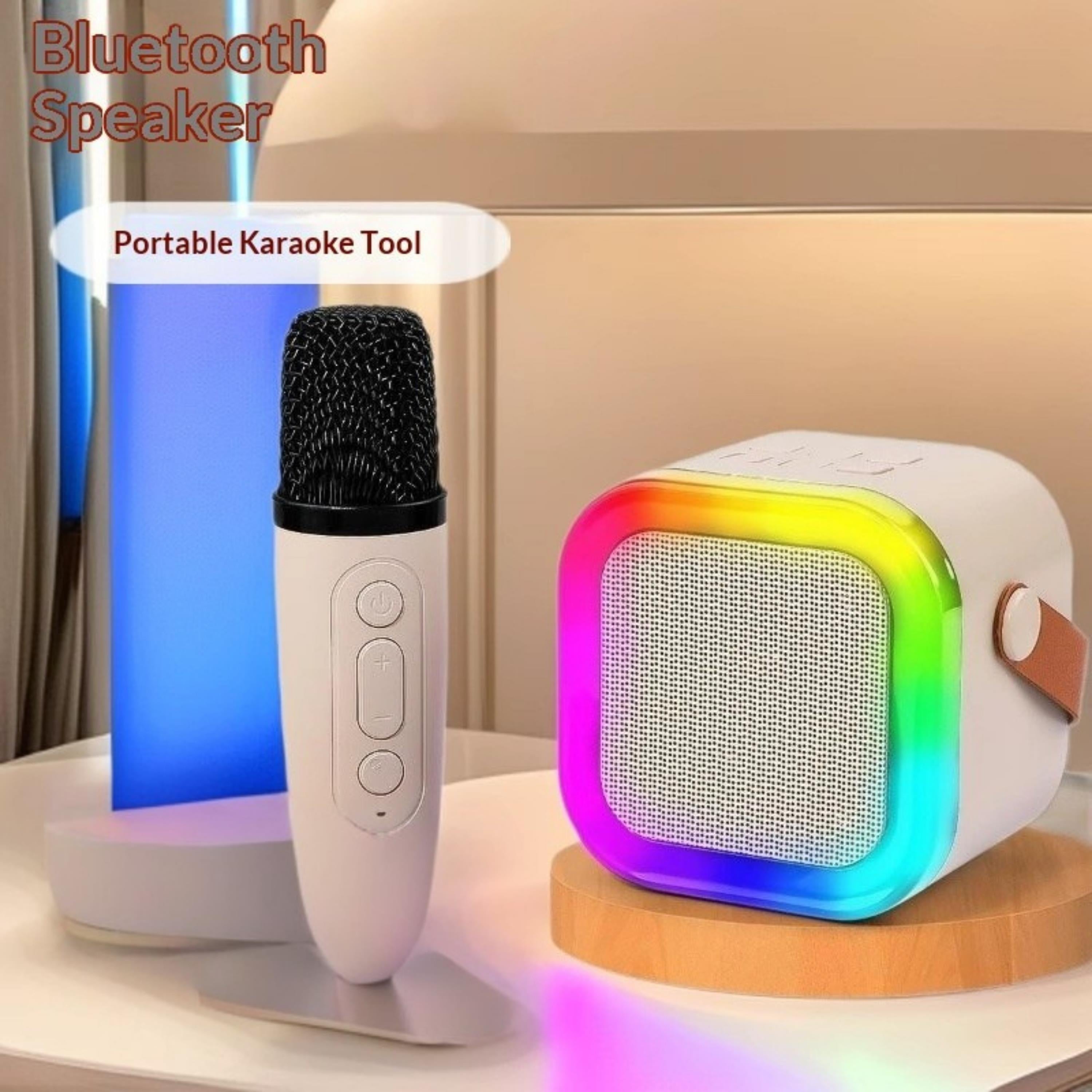 Bej K12 Renkli Işıklı Karaoke Hoparlör Tek Mikrofonlu Taşınabilir Bluetooth Müzik Kutusu Led Efektli Kablosuz Şarjlı Speaker 