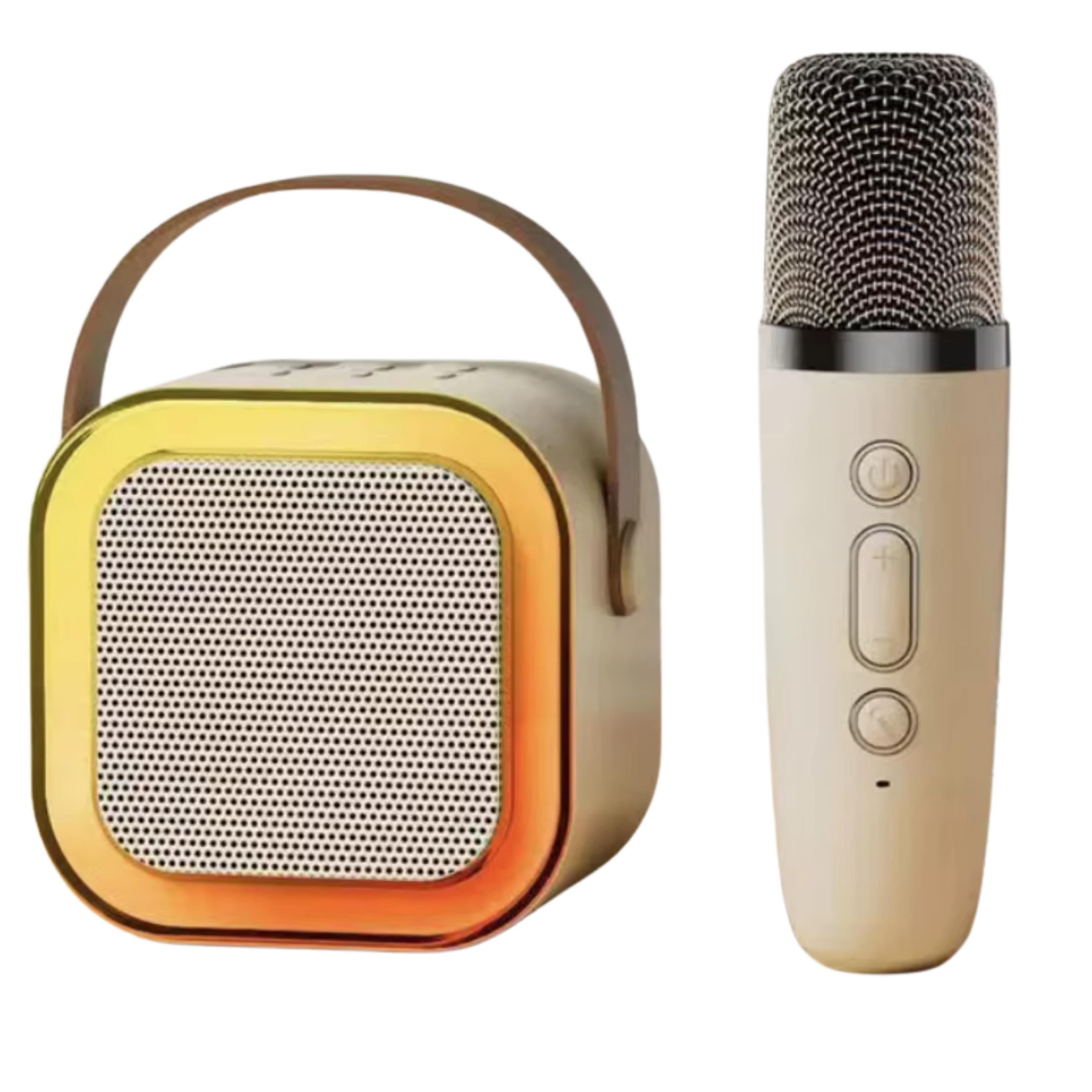 Bej K12 Renkli Işıklı Karaoke Hoparlör Tek Mikrofonlu Taşınabilir Bluetooth Müzik Kutusu Led Efektli Kablosuz Şarjlı Speaker 